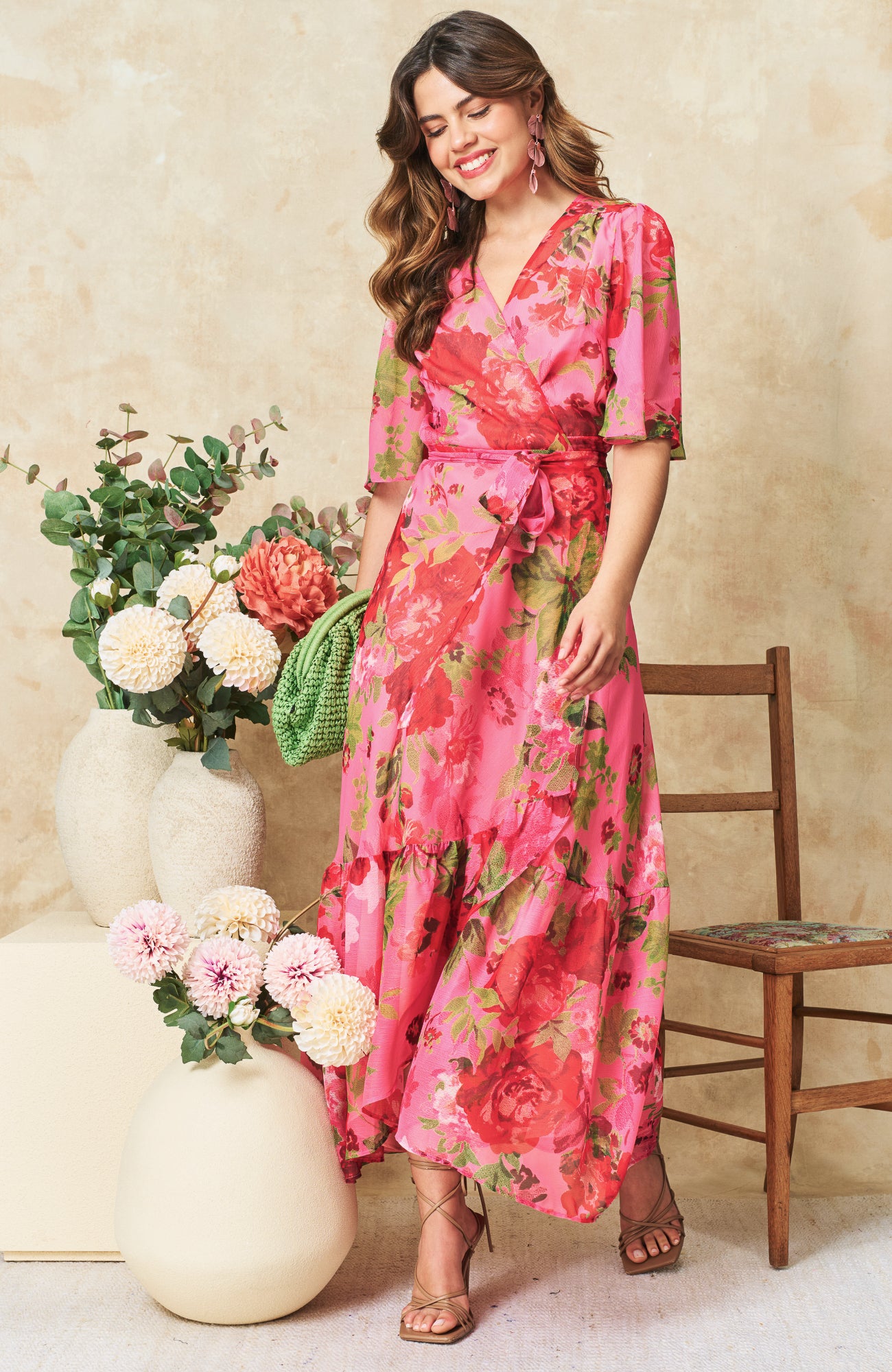 The Roxanne Flutter Sleeve Maxi Wrap Dress (Pink/Red)