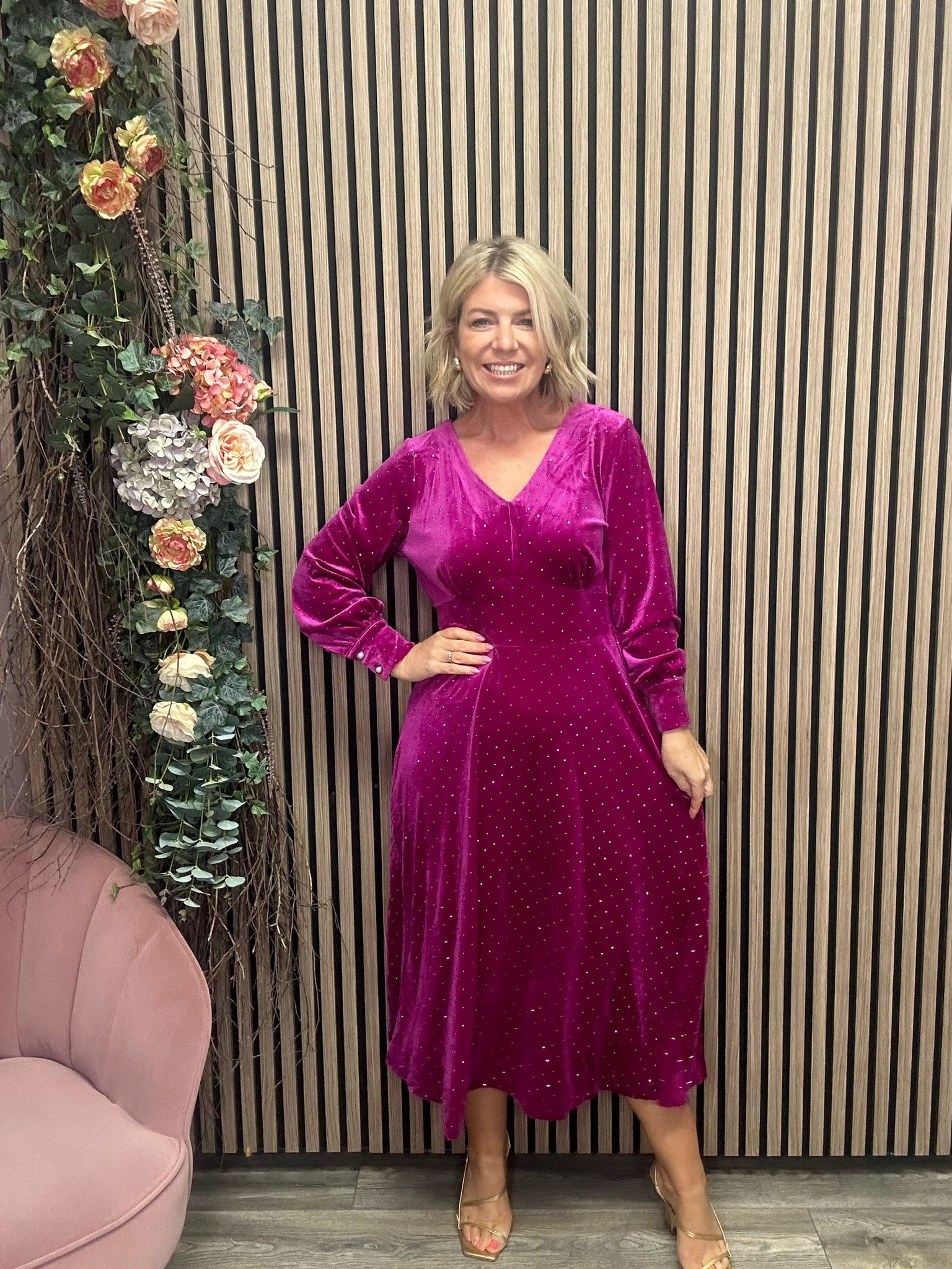 Ellen Velvet Rhinestone Midi Dress (Pink)