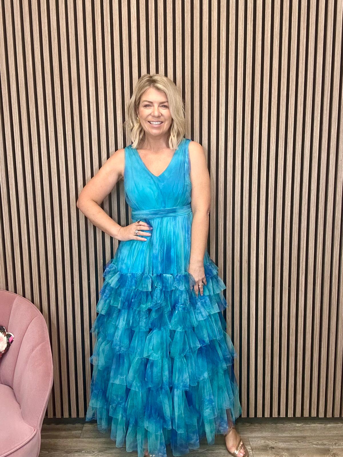 Madalena Tulle Maxi Dress (Aqua Print)