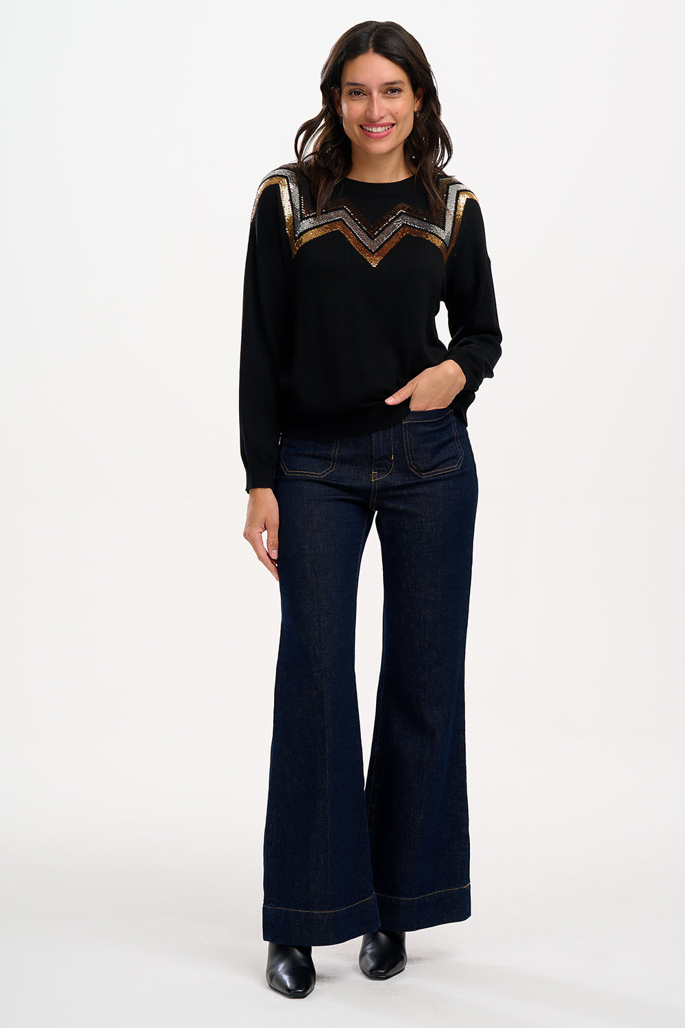 Anjali Sequin Jumper (Black, Chevron Stripes)