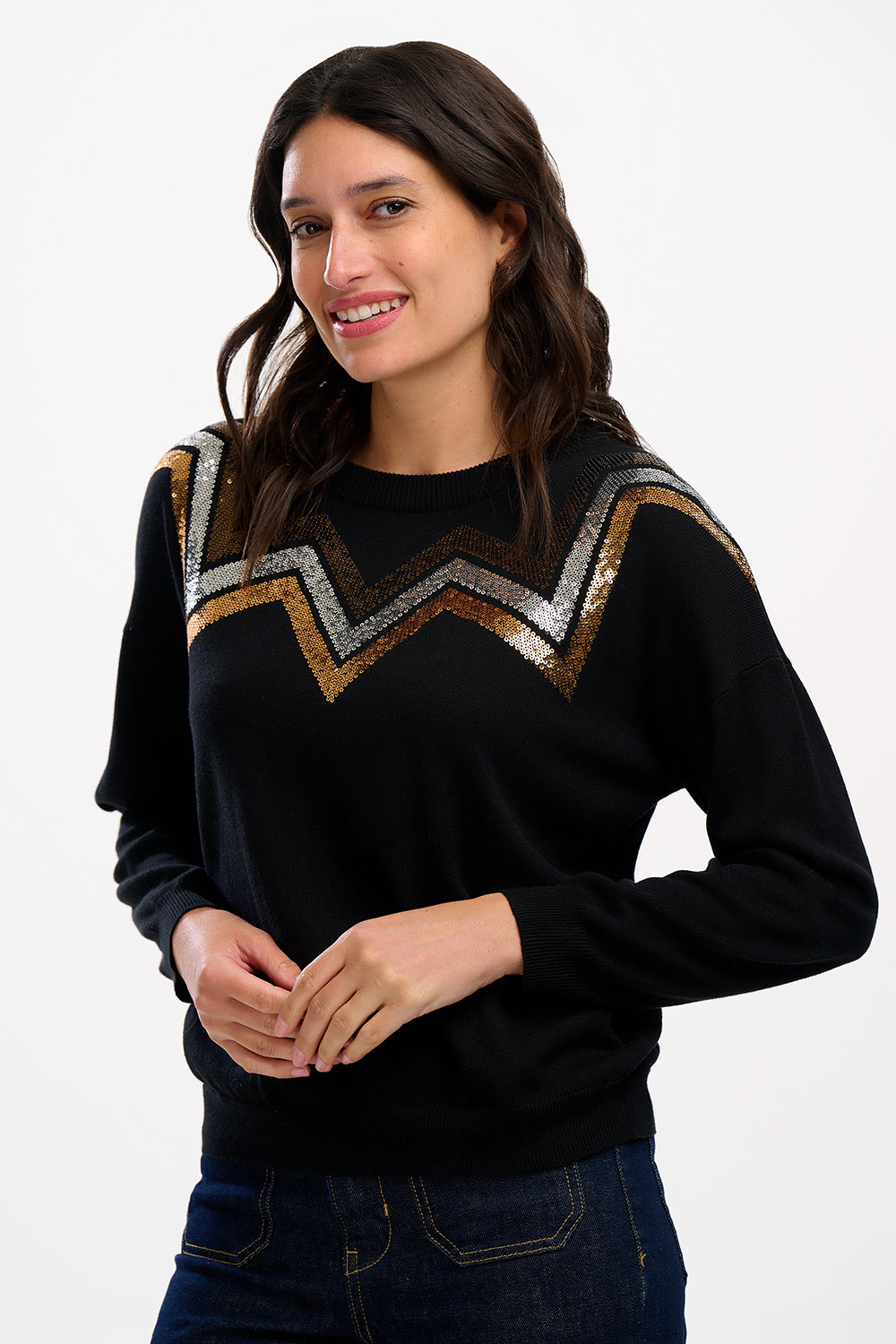 Anjali Sequin Jumper (Black, Chevron Stripes)