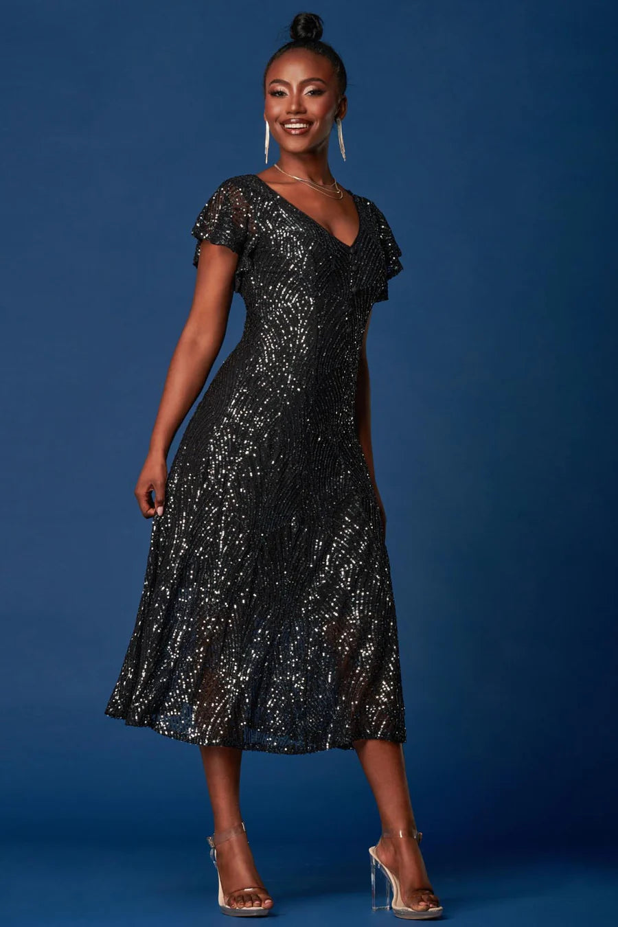 SEQUIN FIT & FLARE MAXI DRESS (BLACK)