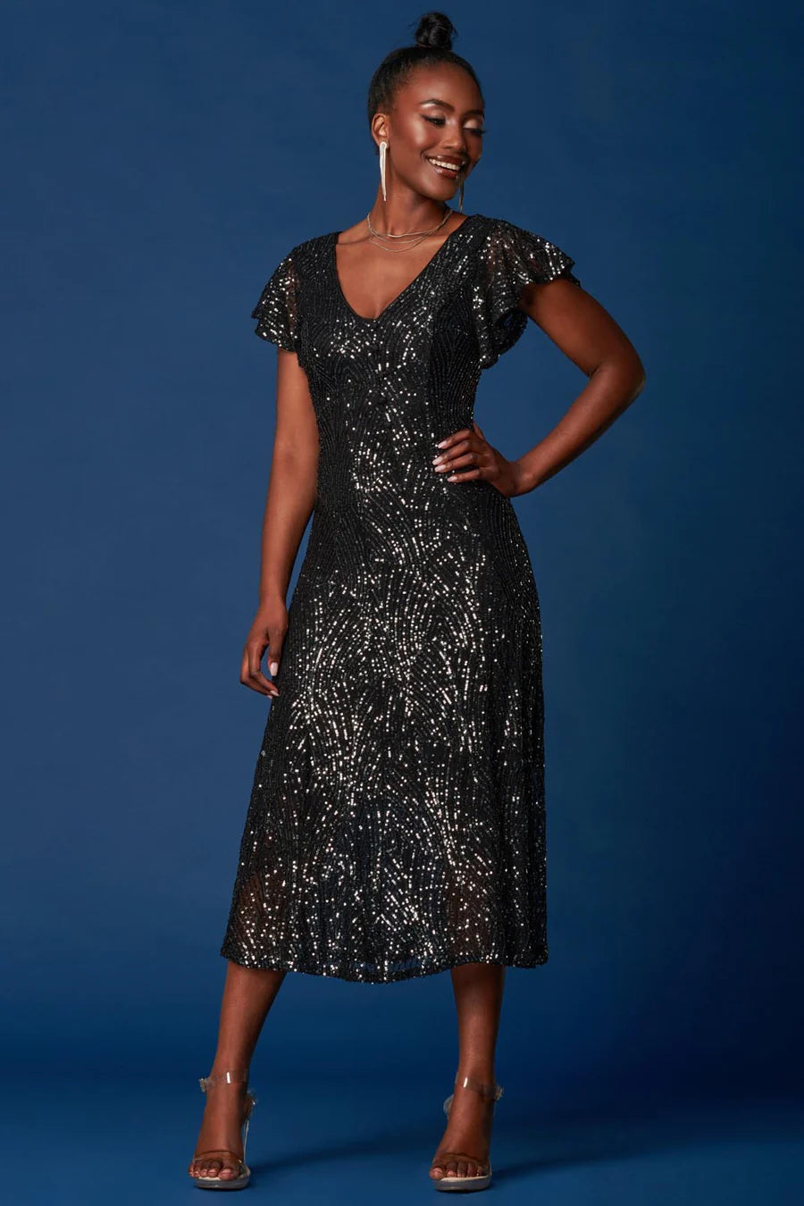 SEQUIN FIT & FLARE MAXI DRESS (BLACK) CURVE