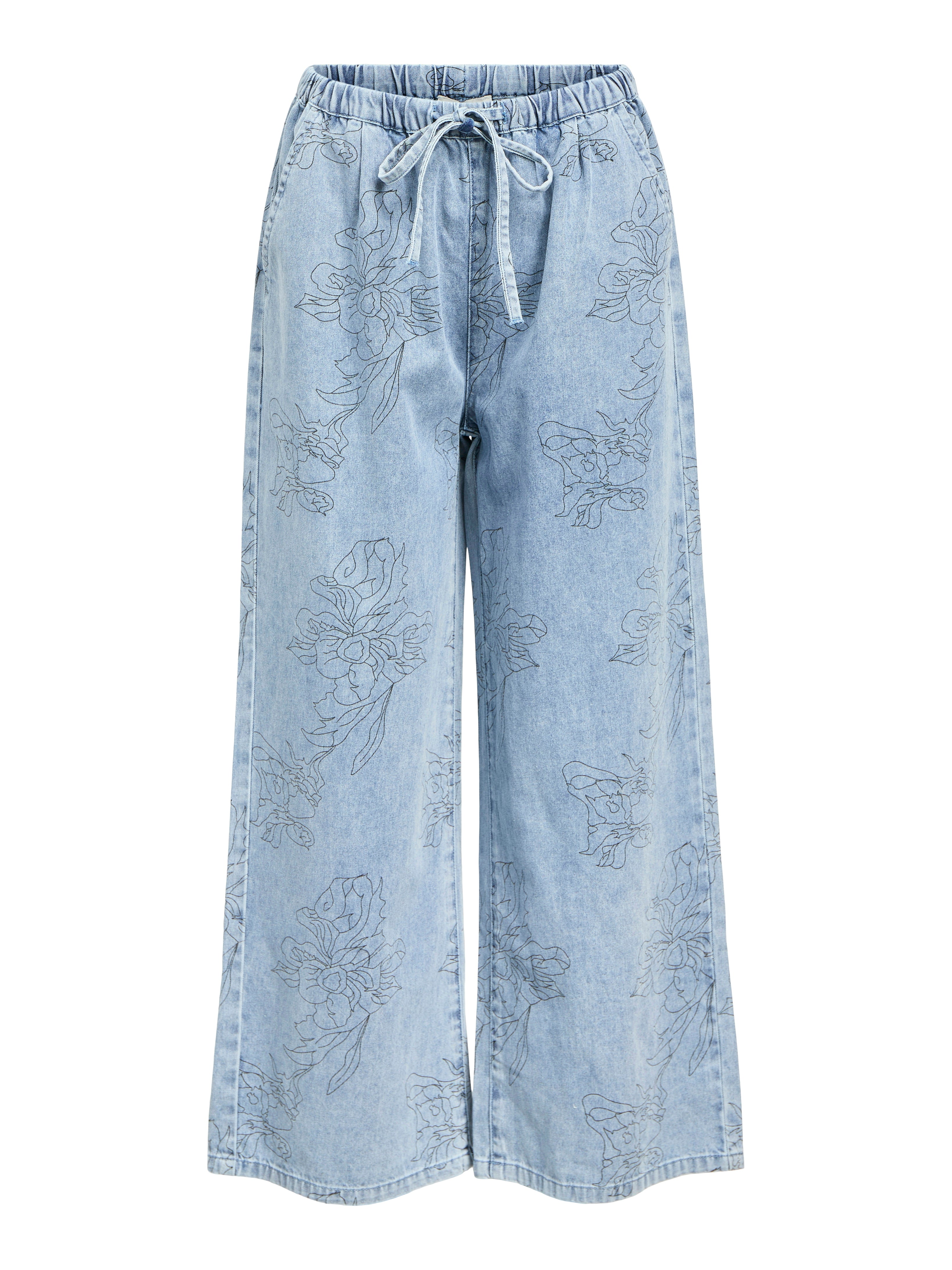 Farah Wide Leg Printed Denim Pants (Light Blue/Black)