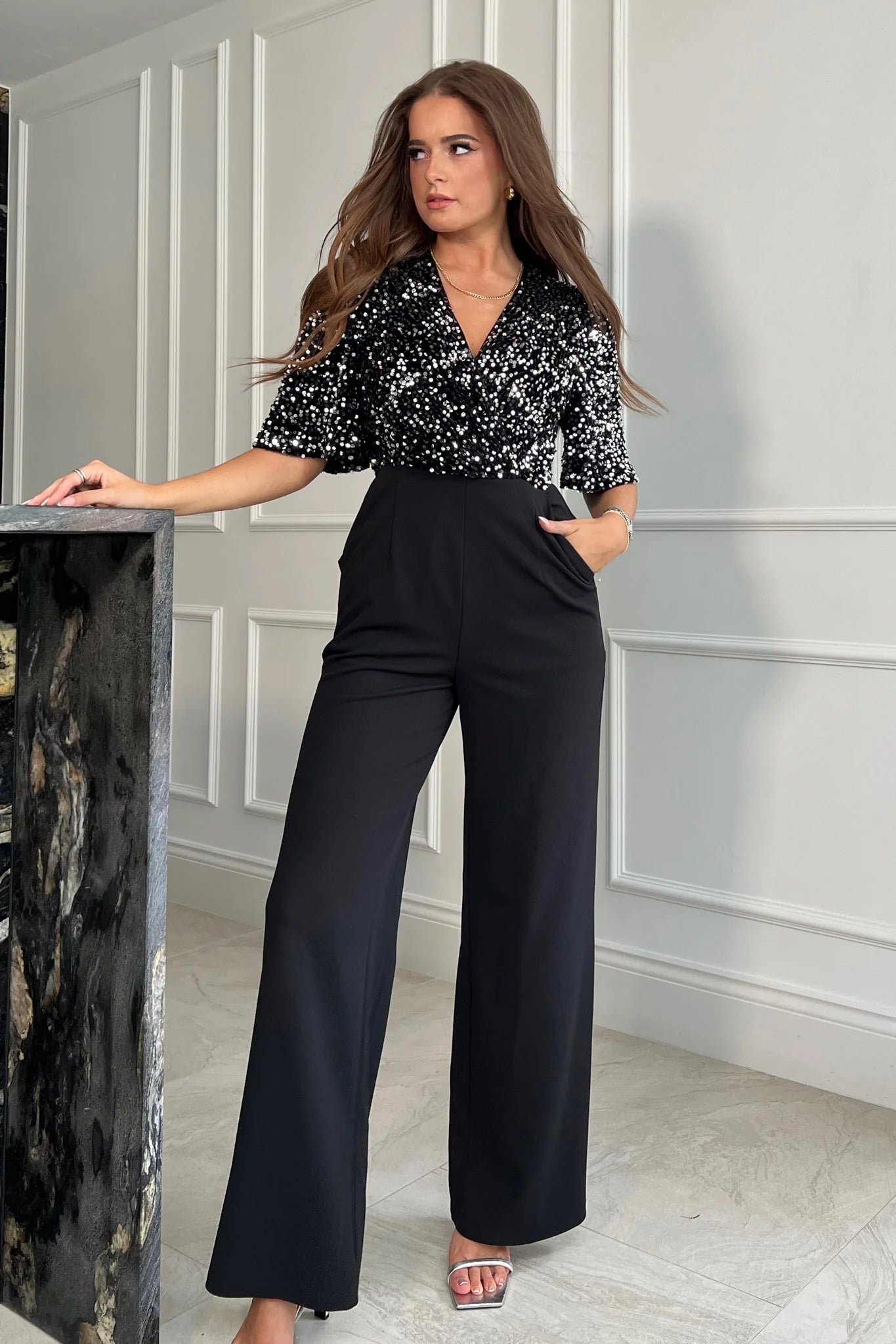 Delphine Silver Sequin Top Wide Leg Jumpsuit (Black)