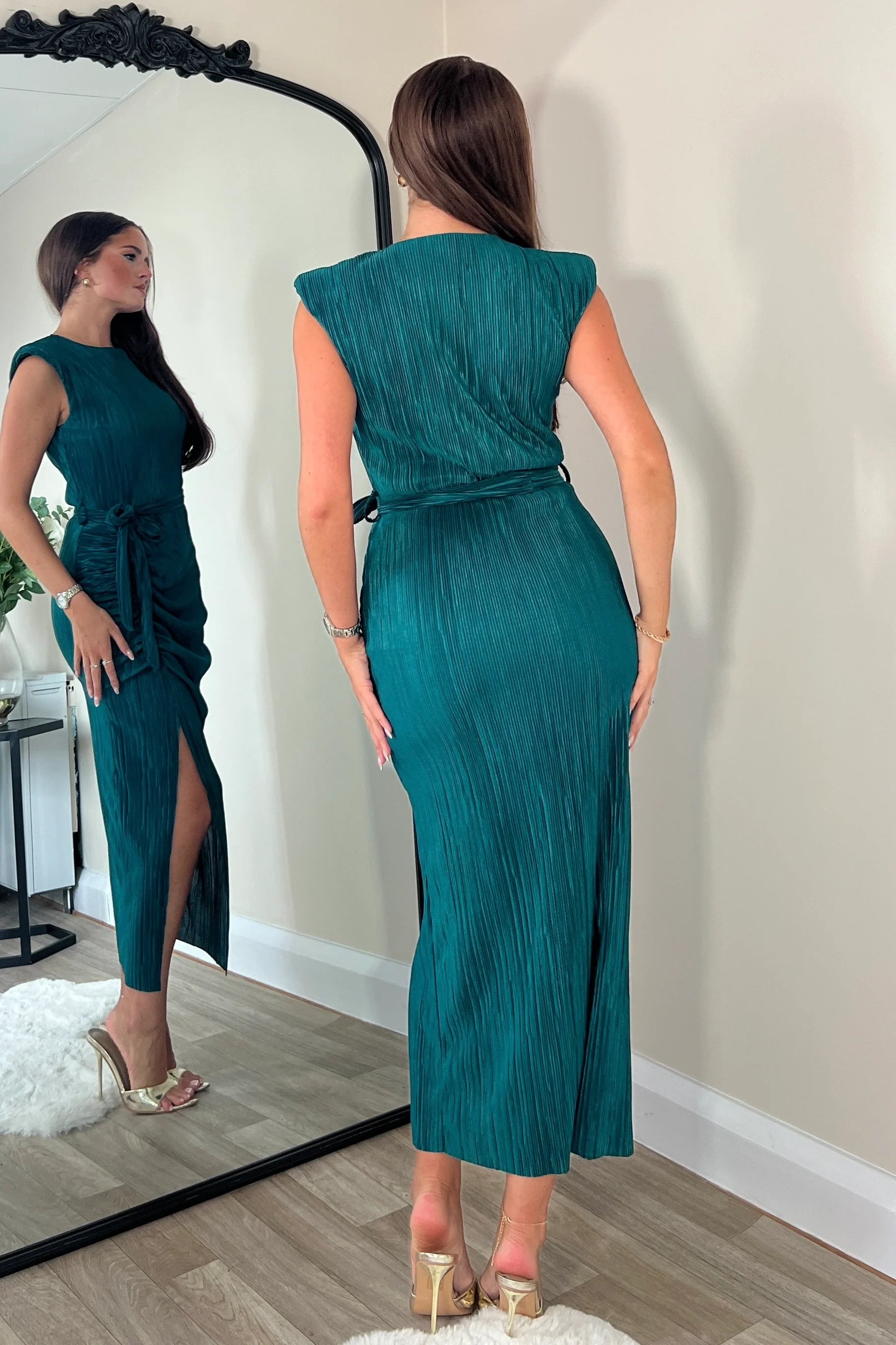 Elena Ruched Seamed Midi Dress (Teal)