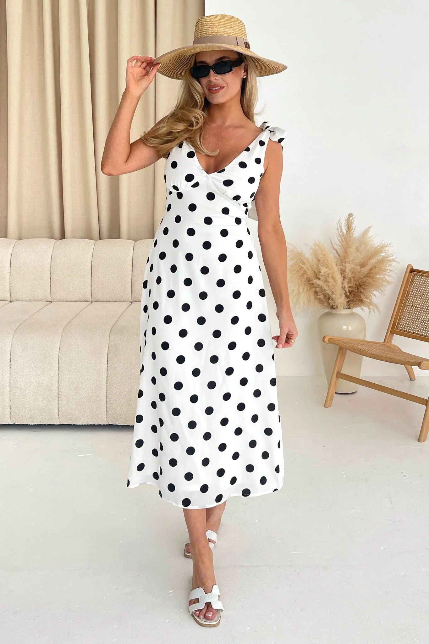 Beverly Tie Shoulder Midi Dress (White/Black Dot)