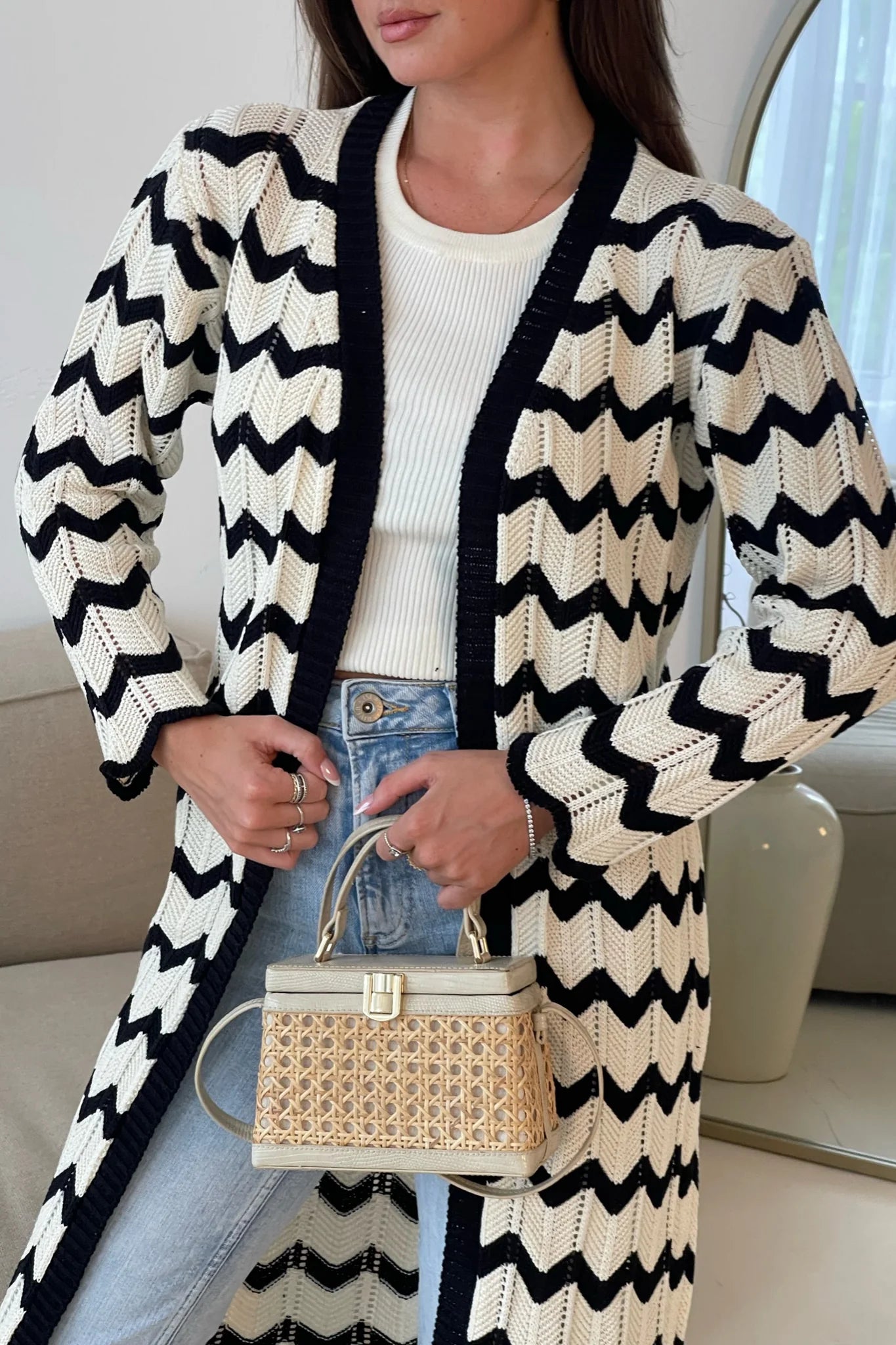 Ingrid Crochet Monochrome Chevron Cardigan (Black/Cream)