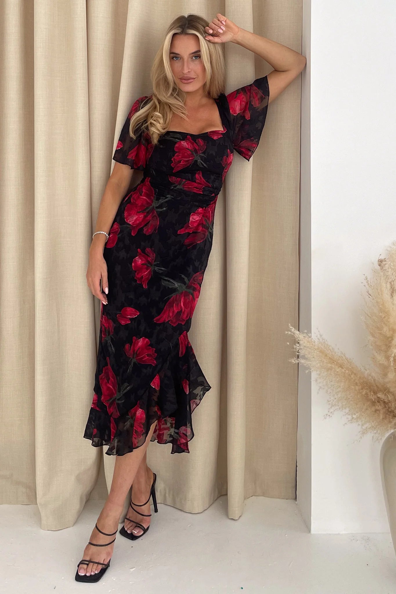 Heidi Ruched Midi Dress (Black & Red Florals)