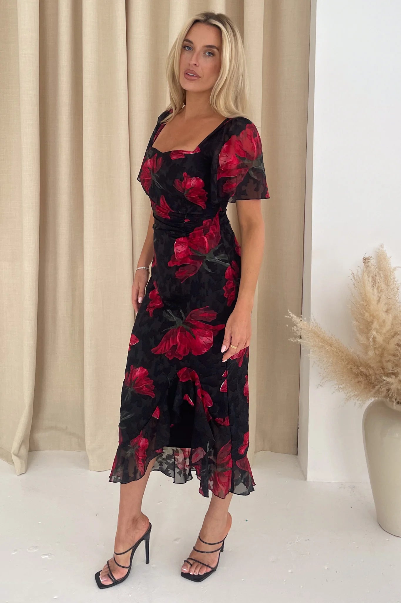 Heidi Ruched Midi Dress (Black & Red Florals)