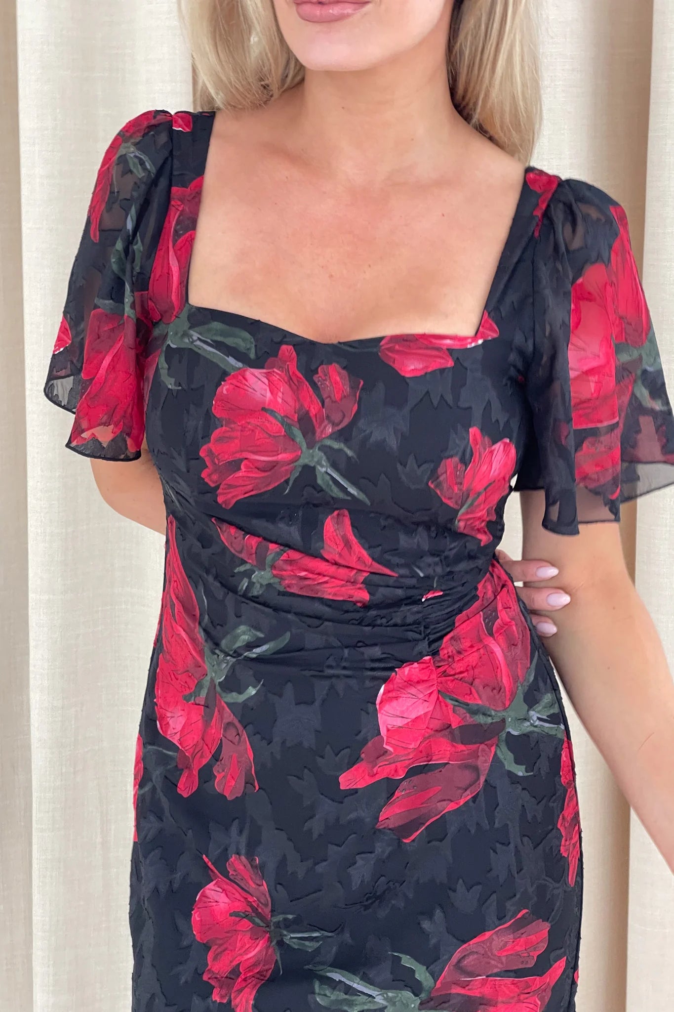 Heidi Ruched Midi Dress (Black & Red Florals)