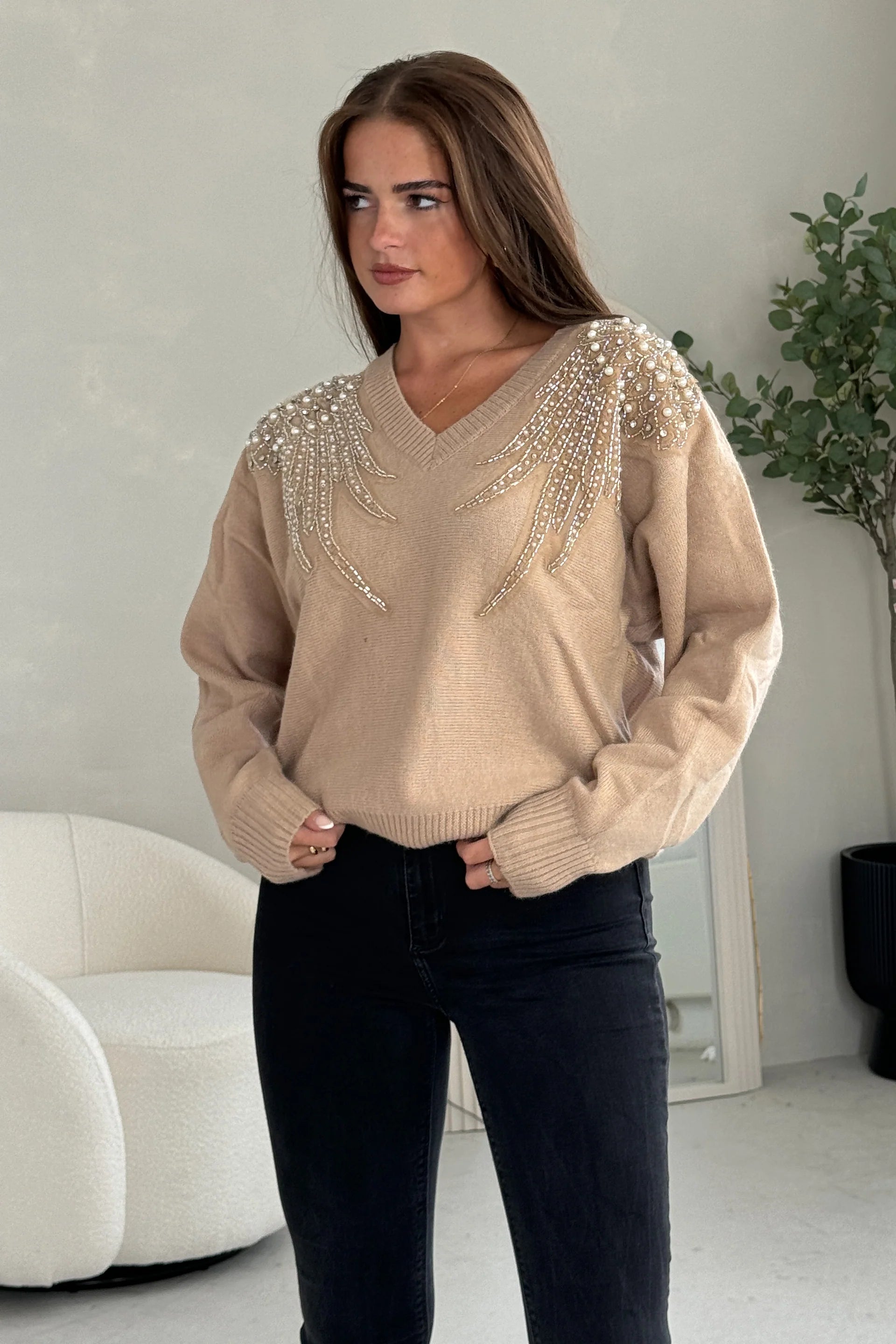 Sia Pearl & Sequin Jumper (Camel)