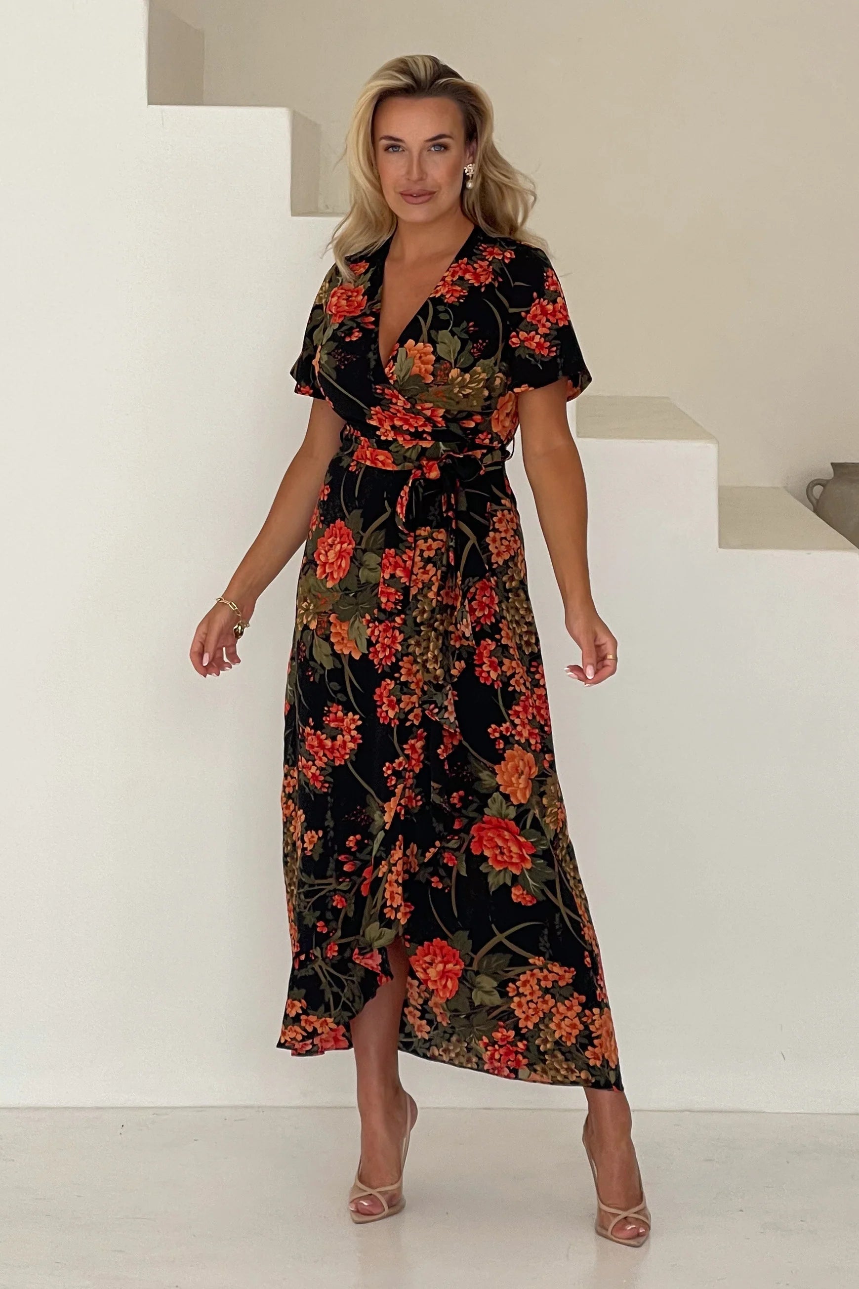 Farrah Split Hem Frill Maxi Dress (Brown Floral)