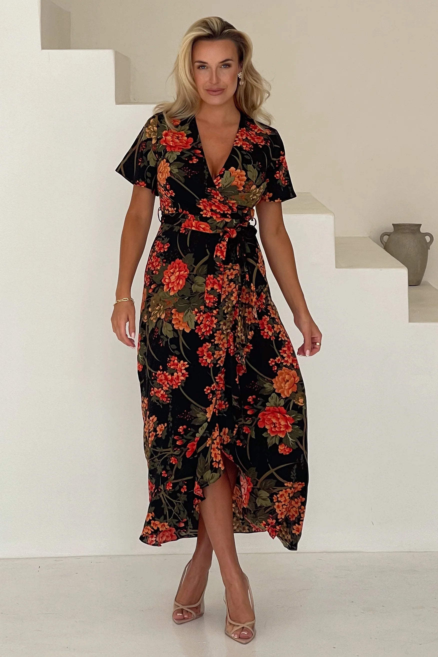 Farrah Split Hem Frill Maxi Dress (Brown Floral)