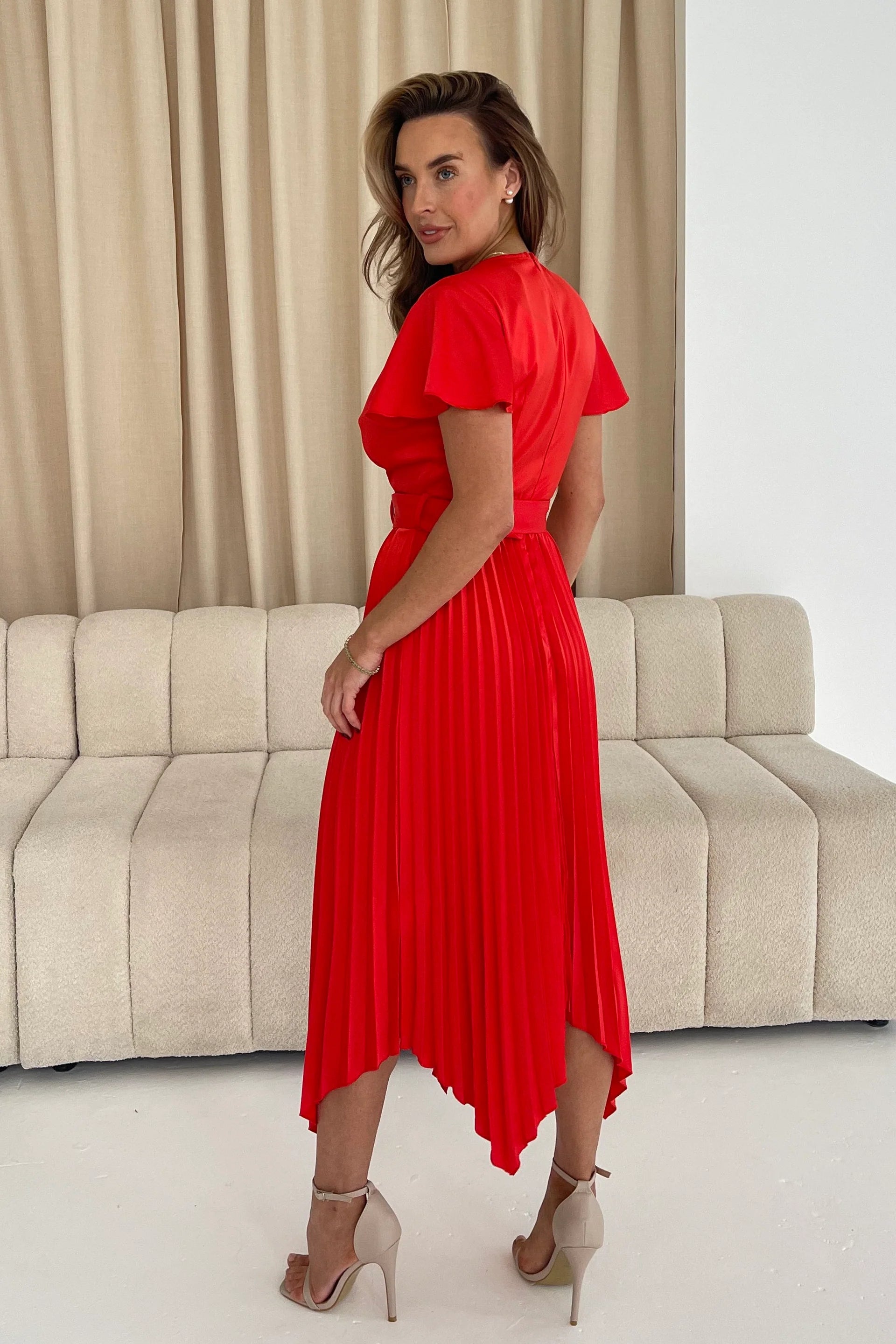 Brooklyn Asymmetric Pleated Midi Dress (Red)