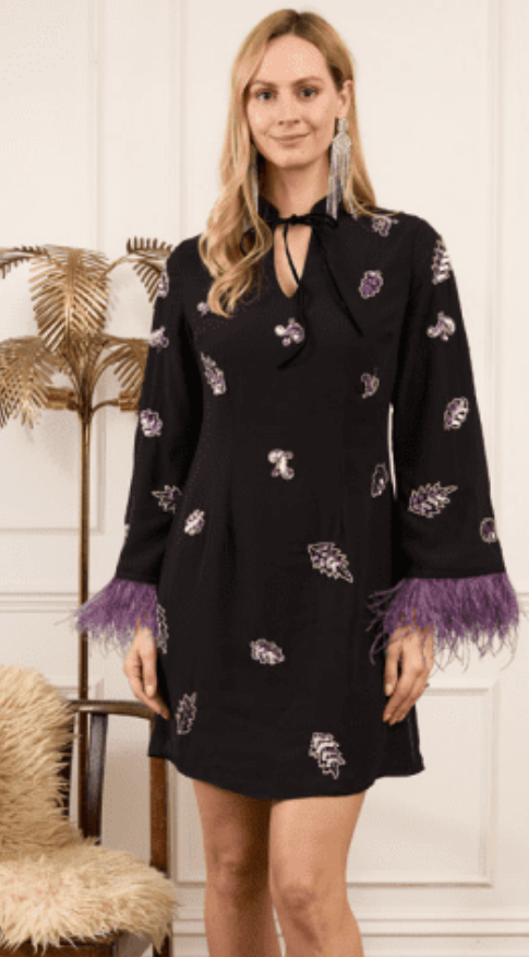 The Christy Embellished Mini Dress with Feather Trim (Black/Purple)