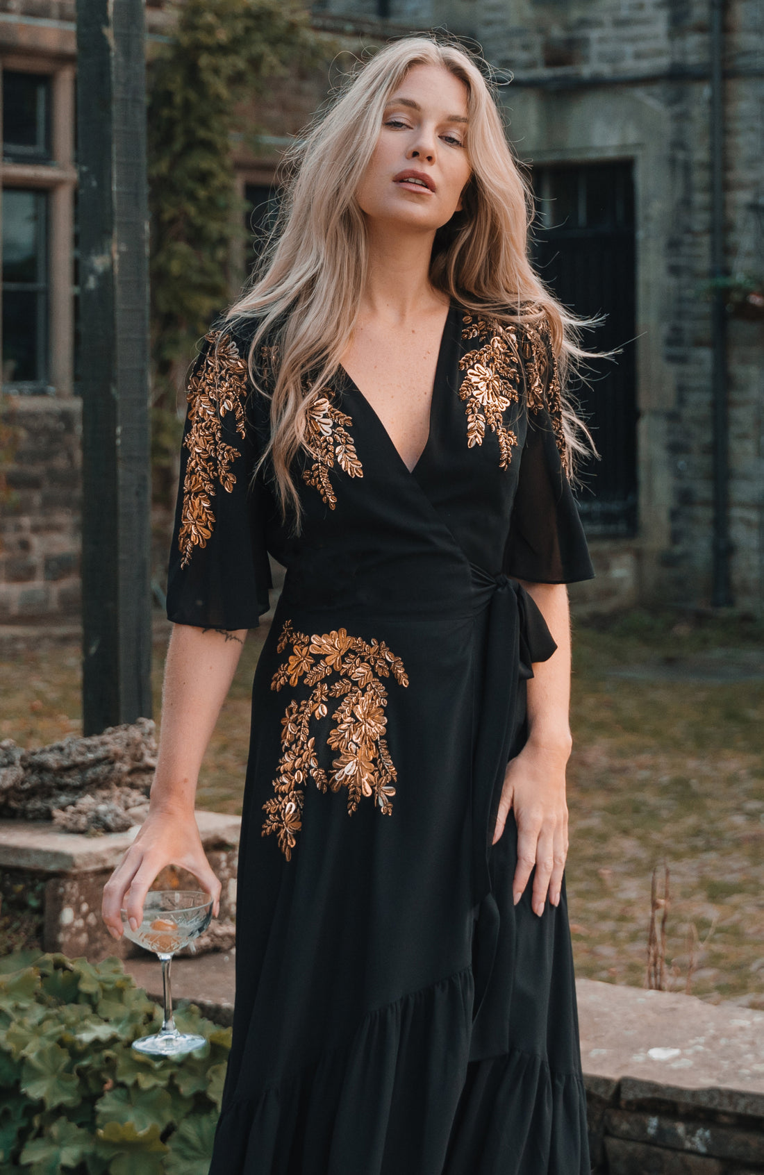 The Artemis Embellished Maxi Wrap Dress (Black/Gold)