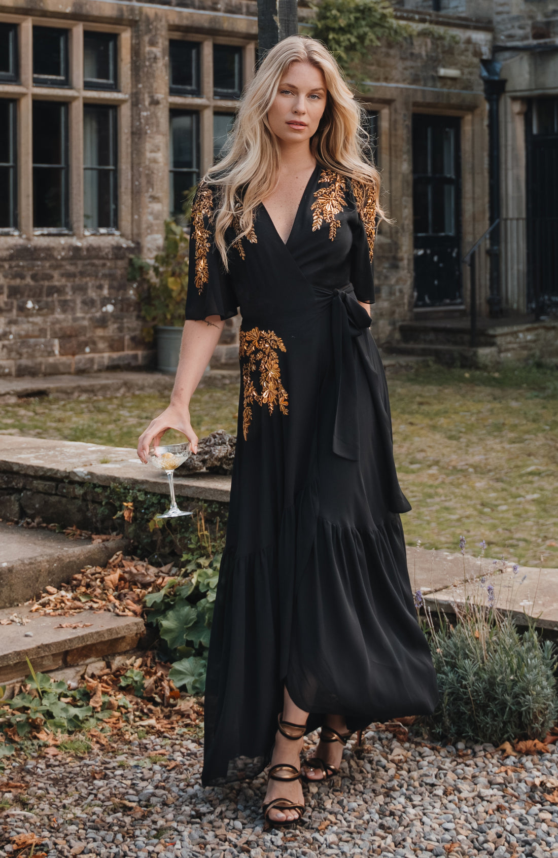 The Artemis Embellished Maxi Wrap Dress (Black/Gold)