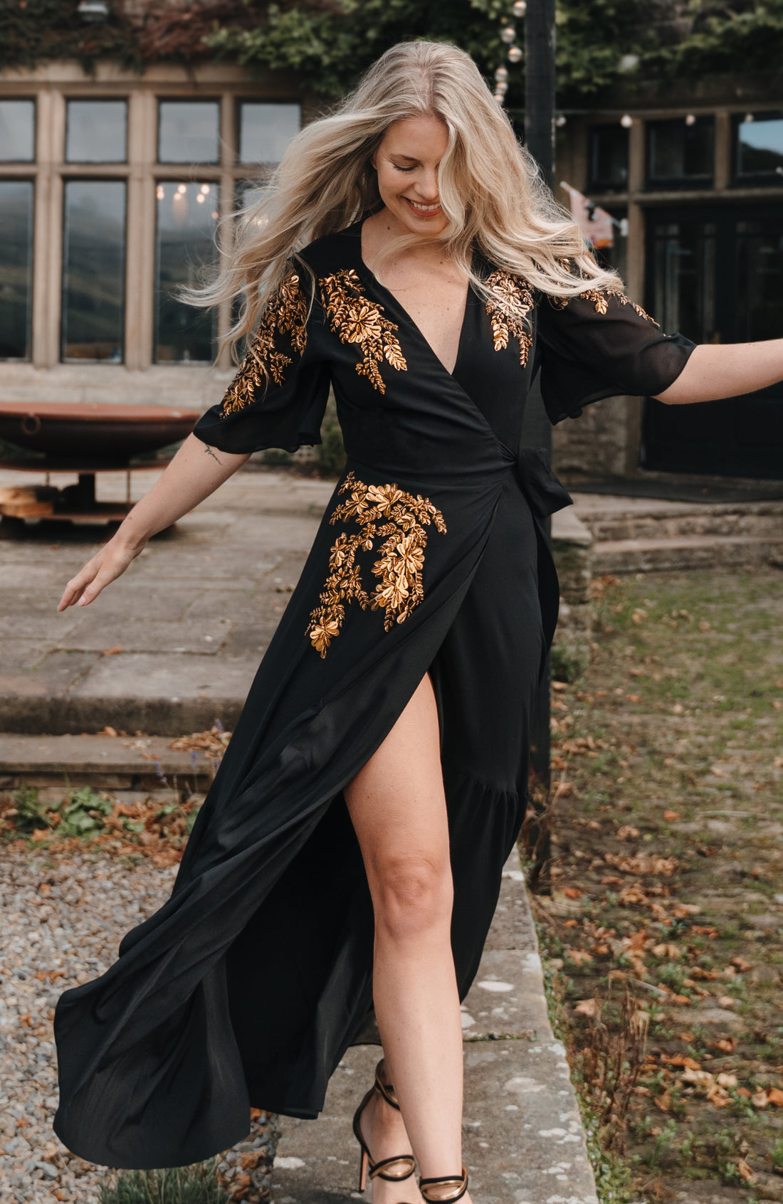 The Artemis Embellished Maxi Wrap Dress (Black/Gold)