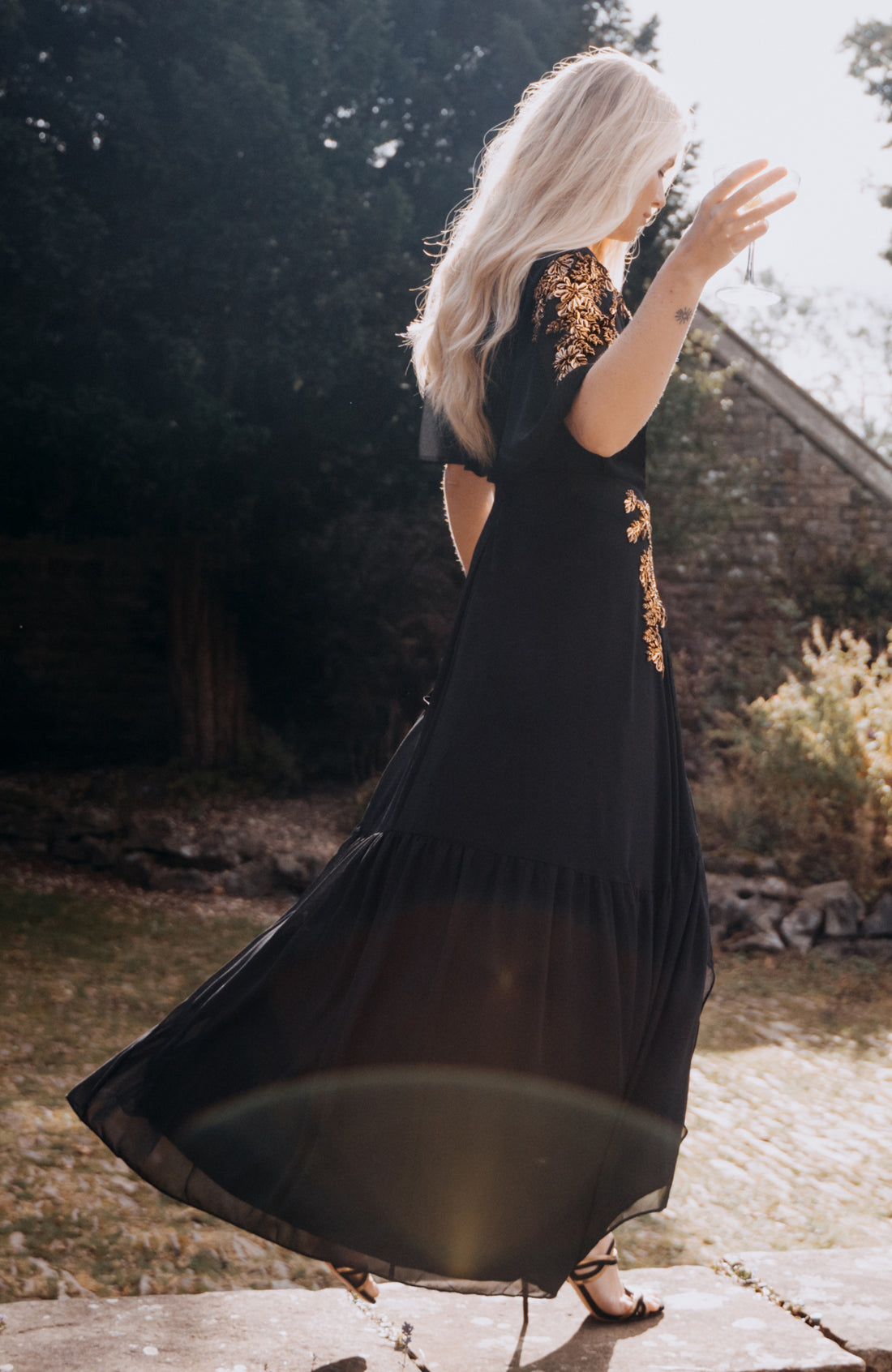 The Artemis Embellished Maxi Wrap Dress (Black/Gold)