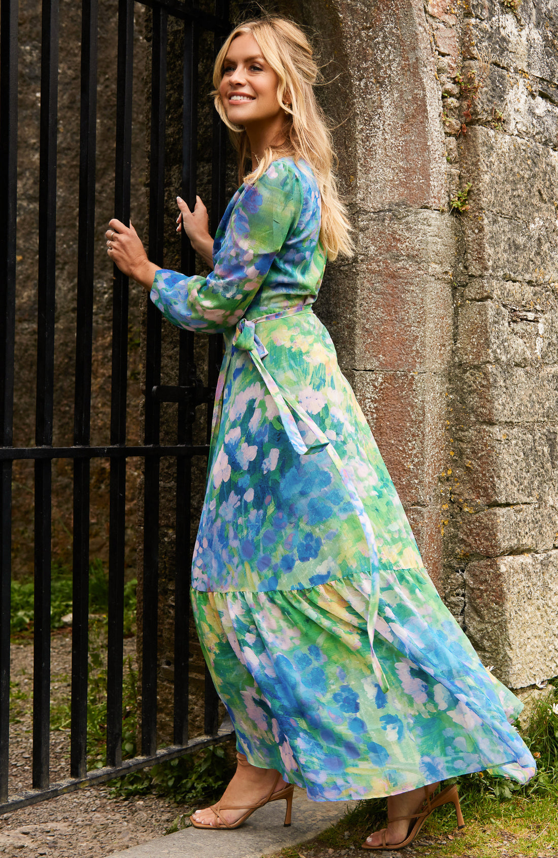 The Bluebell Floral Print Blouson Sleeve Maxi Wrap Dress (Blue)