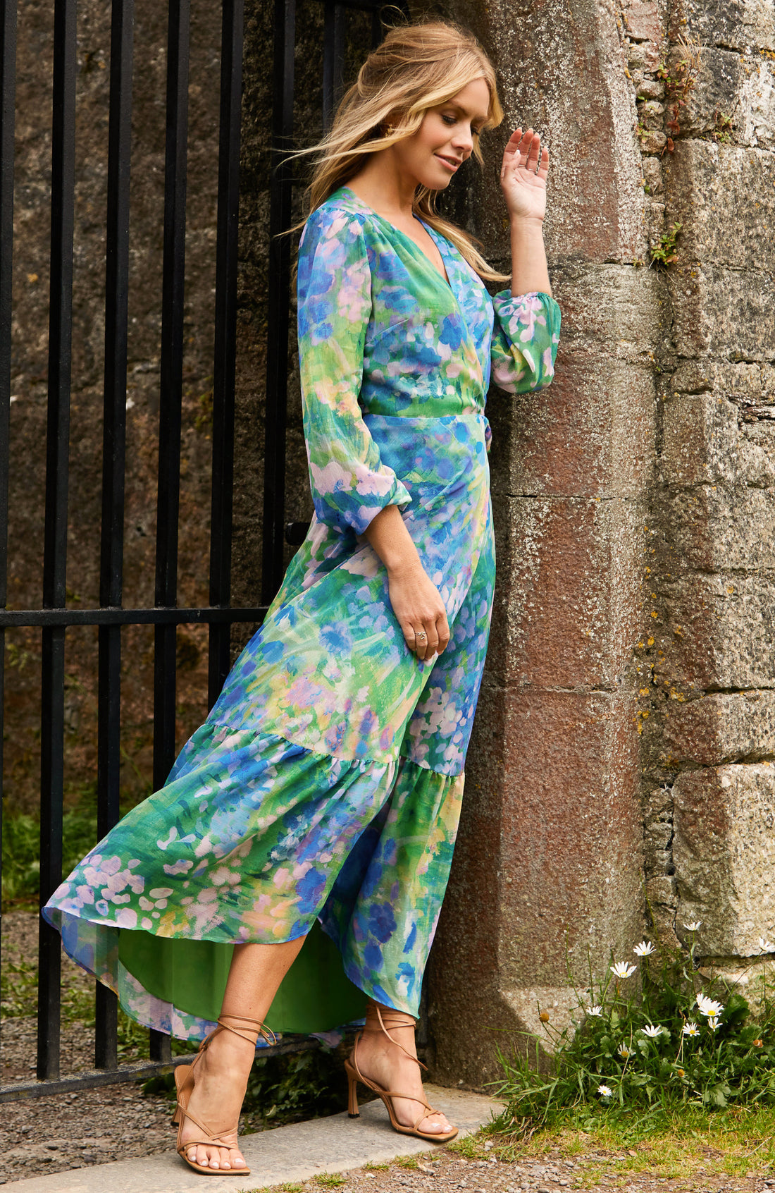 The Bluebell Floral Print Blouson Sleeve Maxi Wrap Dress (Blue)