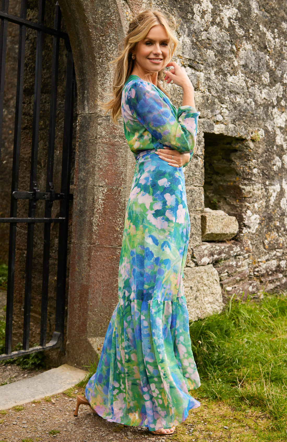 The Bluebell Floral Print Blouson Sleeve Maxi Wrap Dress (Blue)