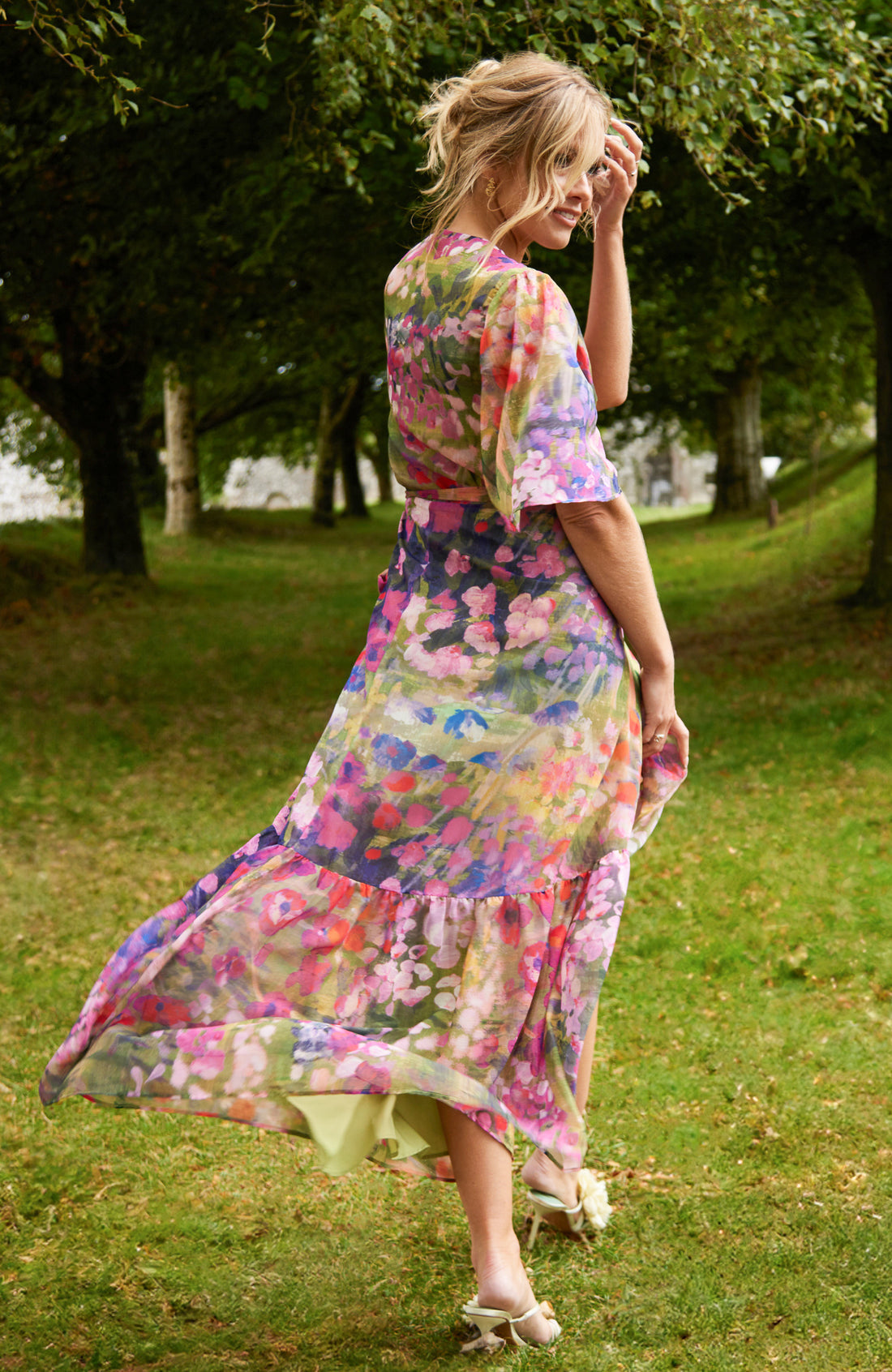 The Foxglove Floral Print Flutter Sleeve Maxi Wrap Dress (Pink)