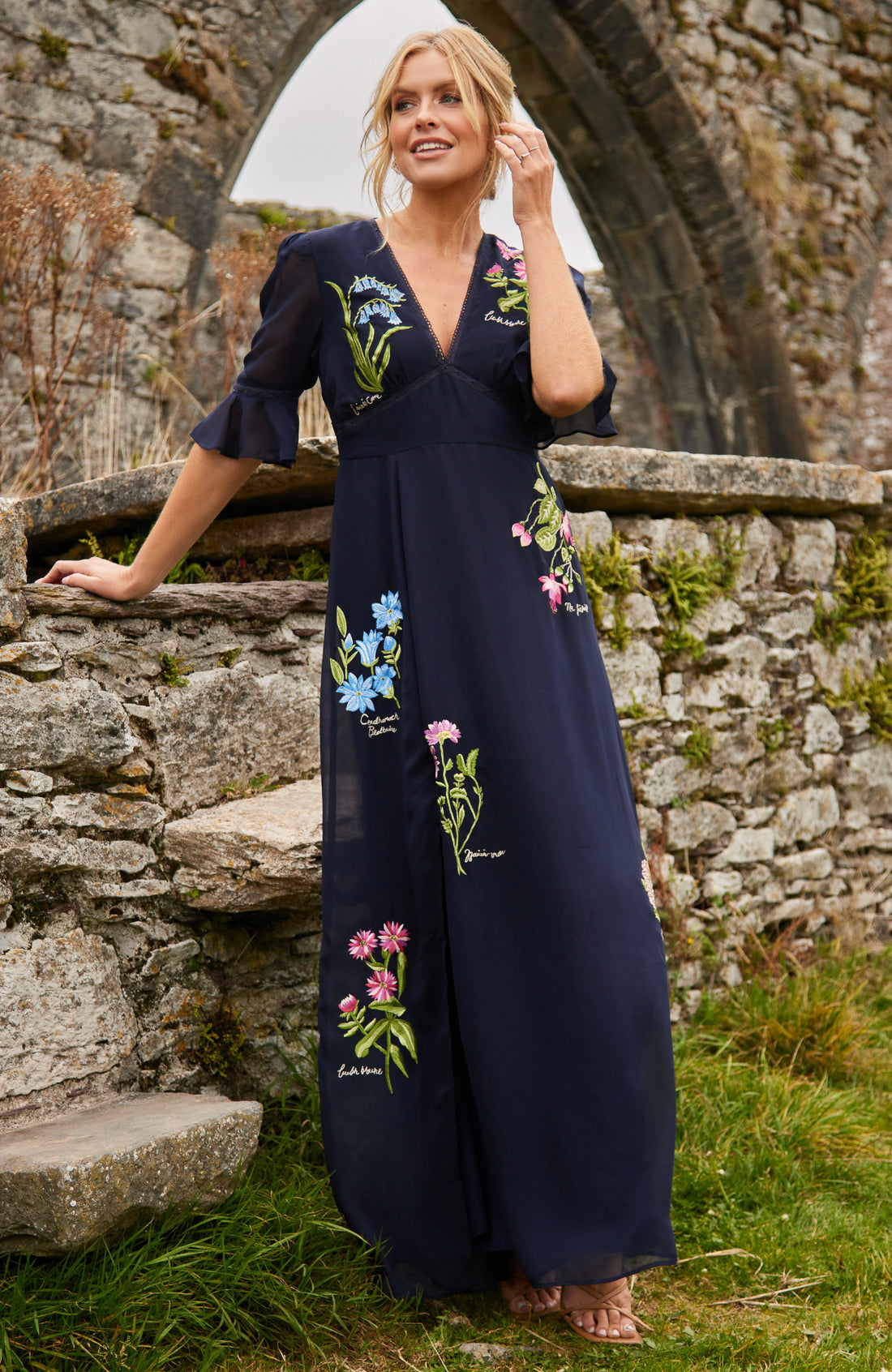 The Heather Embroidered Thigh Split Maxi Dress (Navy)