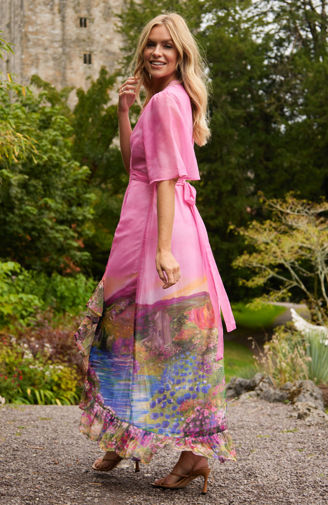 The Iris Printed Flutter Sleeve Maxi Wrap Dress (Pink)