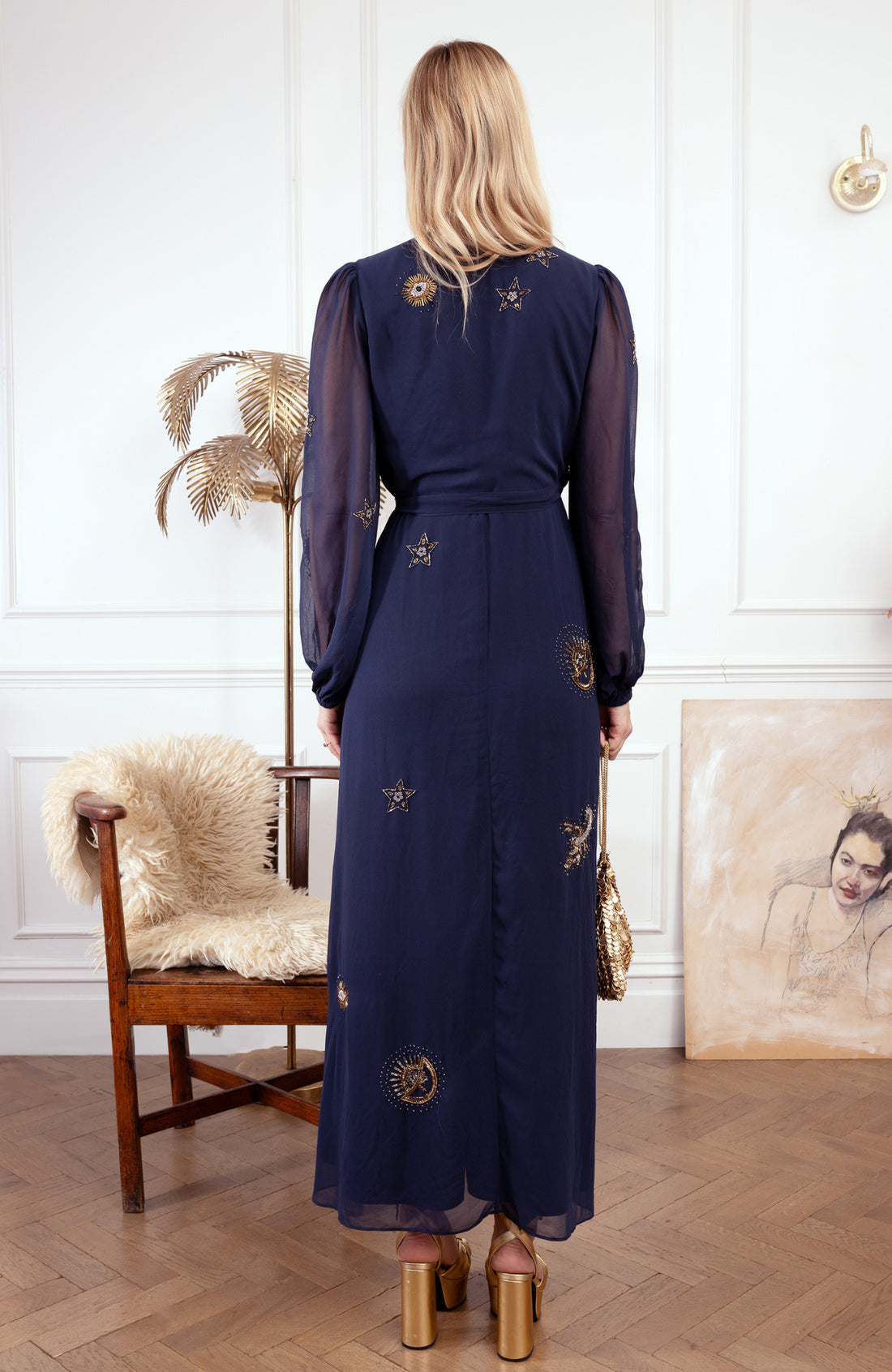 The Kai Embellished Blouson Sleeve Wrap Dress (Navy)