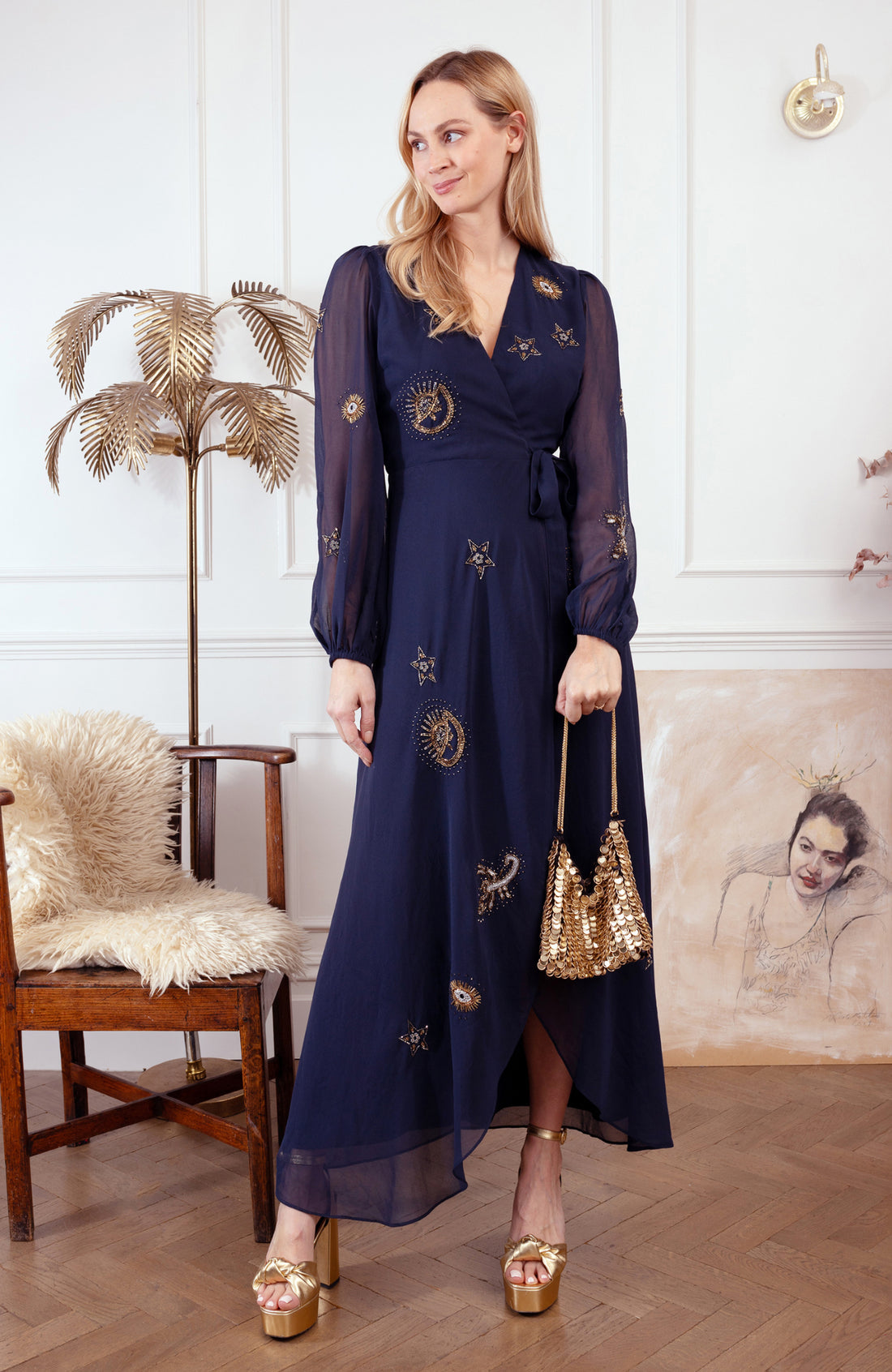 The Kai Embellished Blouson Sleeve Wrap Dress (Navy)