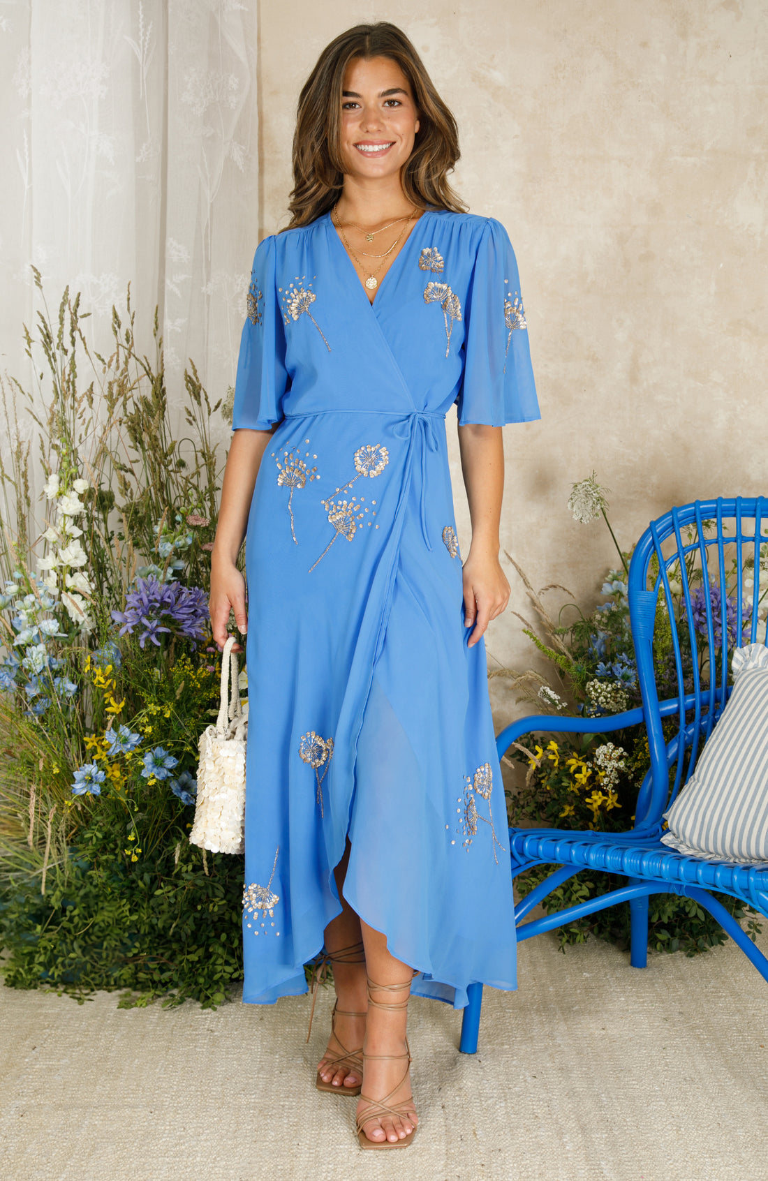 The Mallory Embellished Wrap Dress (Blue)