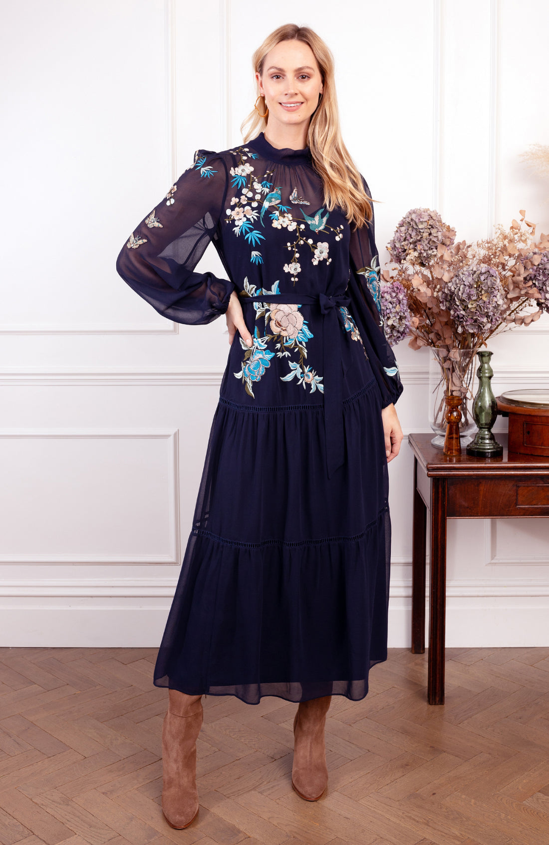 The Reine Embroidered Midi Dress (Navy)