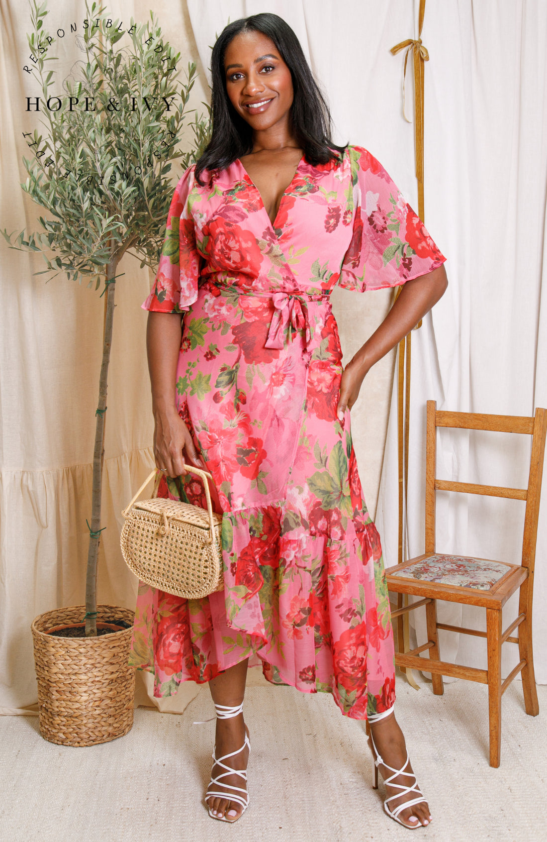 The Roxanne Flutter Sleeve Maxi Wrap Dress (Pink/Red)