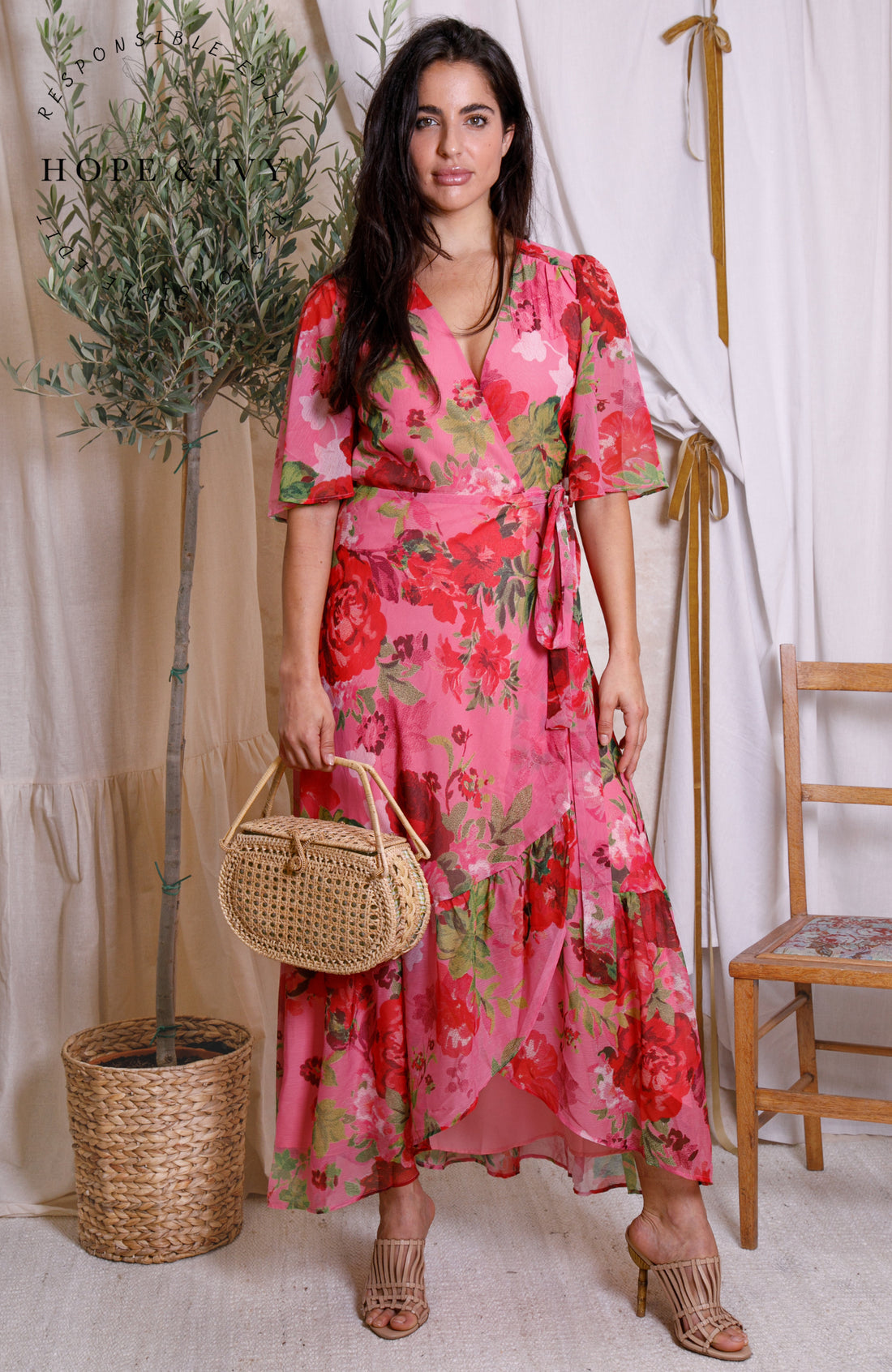 The Roxanne Flutter Sleeve Maxi Wrap Dress (Pink/Red)