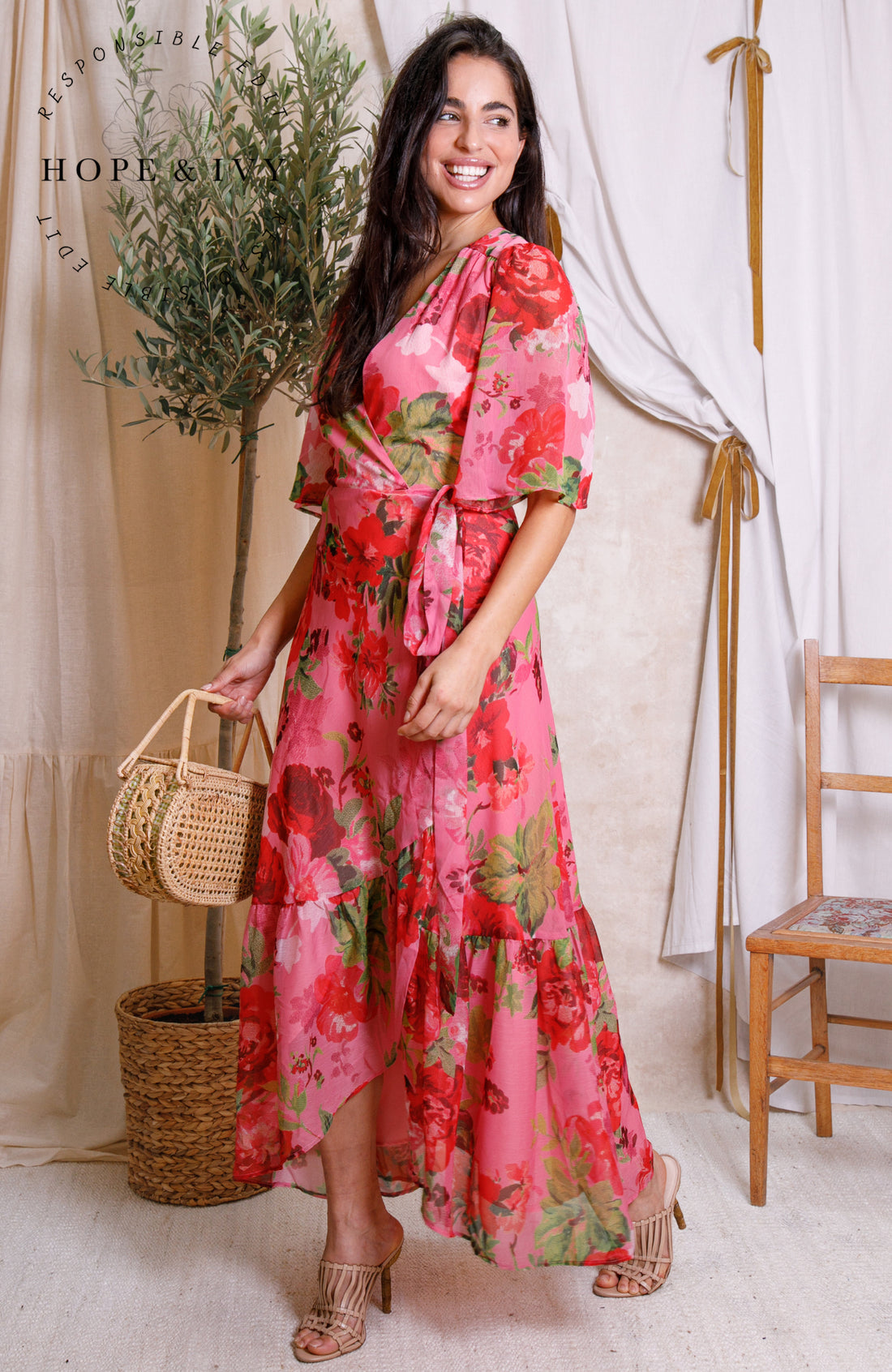 The Roxanne Flutter Sleeve Maxi Wrap Dress (Pink/Red)