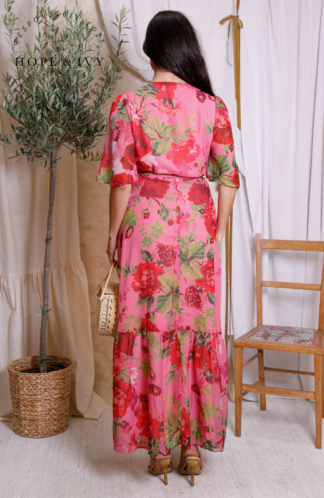 The Roxanne Flutter Sleeve Maxi Wrap Dress (Pink/Red)