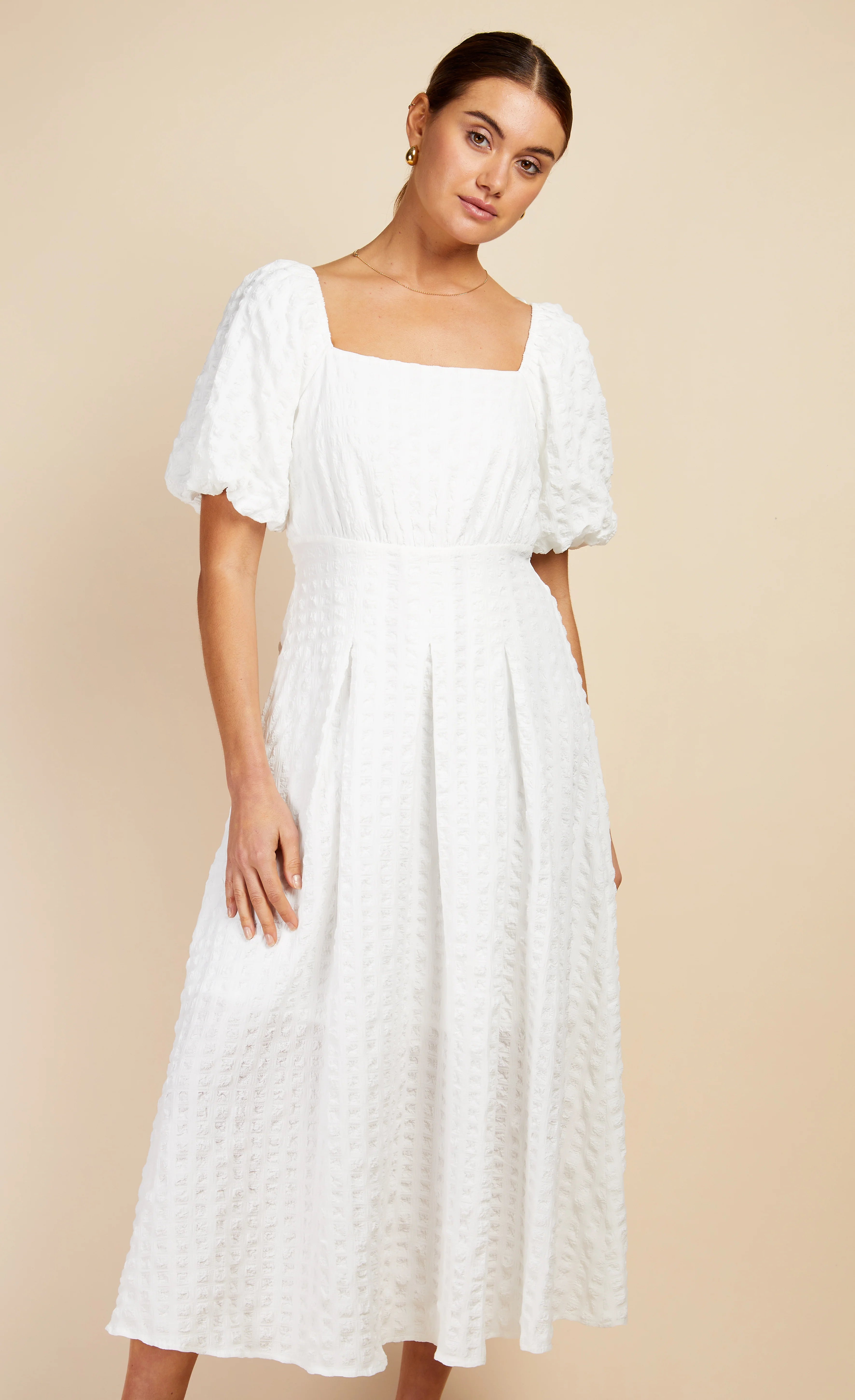 Diana Textured Puff Sleeve Midaxi (White)