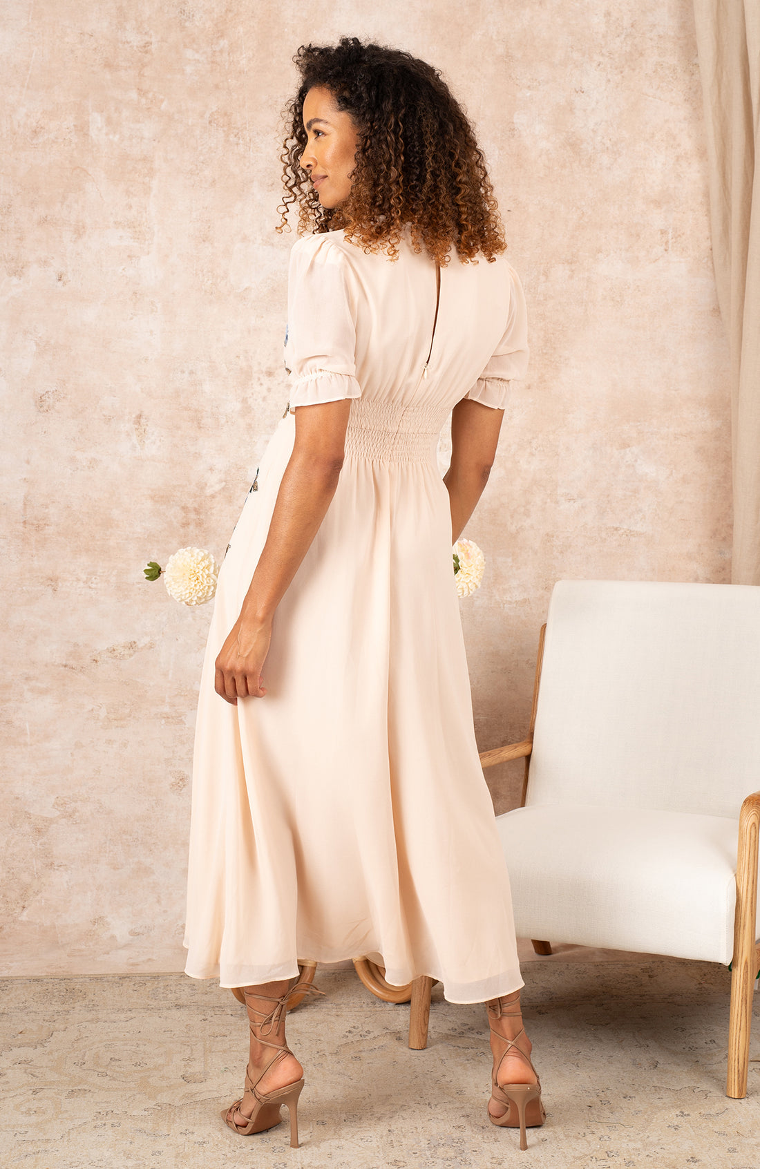 THE CELIA EMBROIDERED PUFF SLEEVE MIDI DRESS (IVORY)