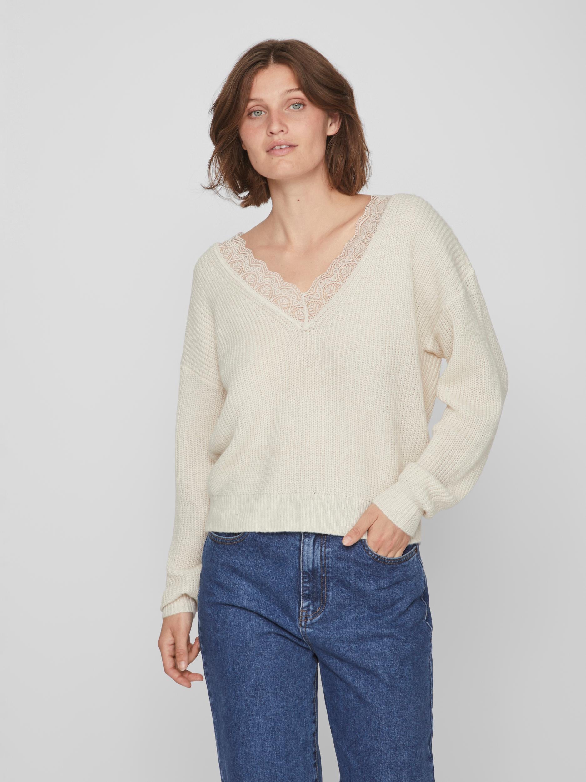 LACY V-NECK JUMPER (NATURAL MELANGE)