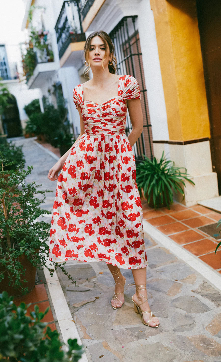 Jackson Pleated Midaxi Dress (Red Floral Print)