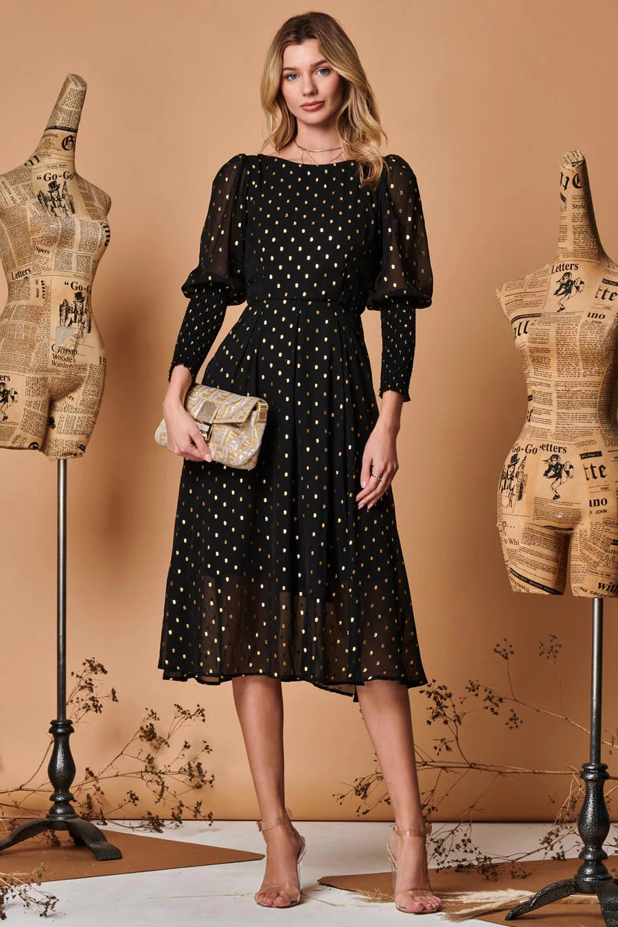 METALLIC CHIFFON PUFF SLEEVE MIDI DRESS (BLACK)