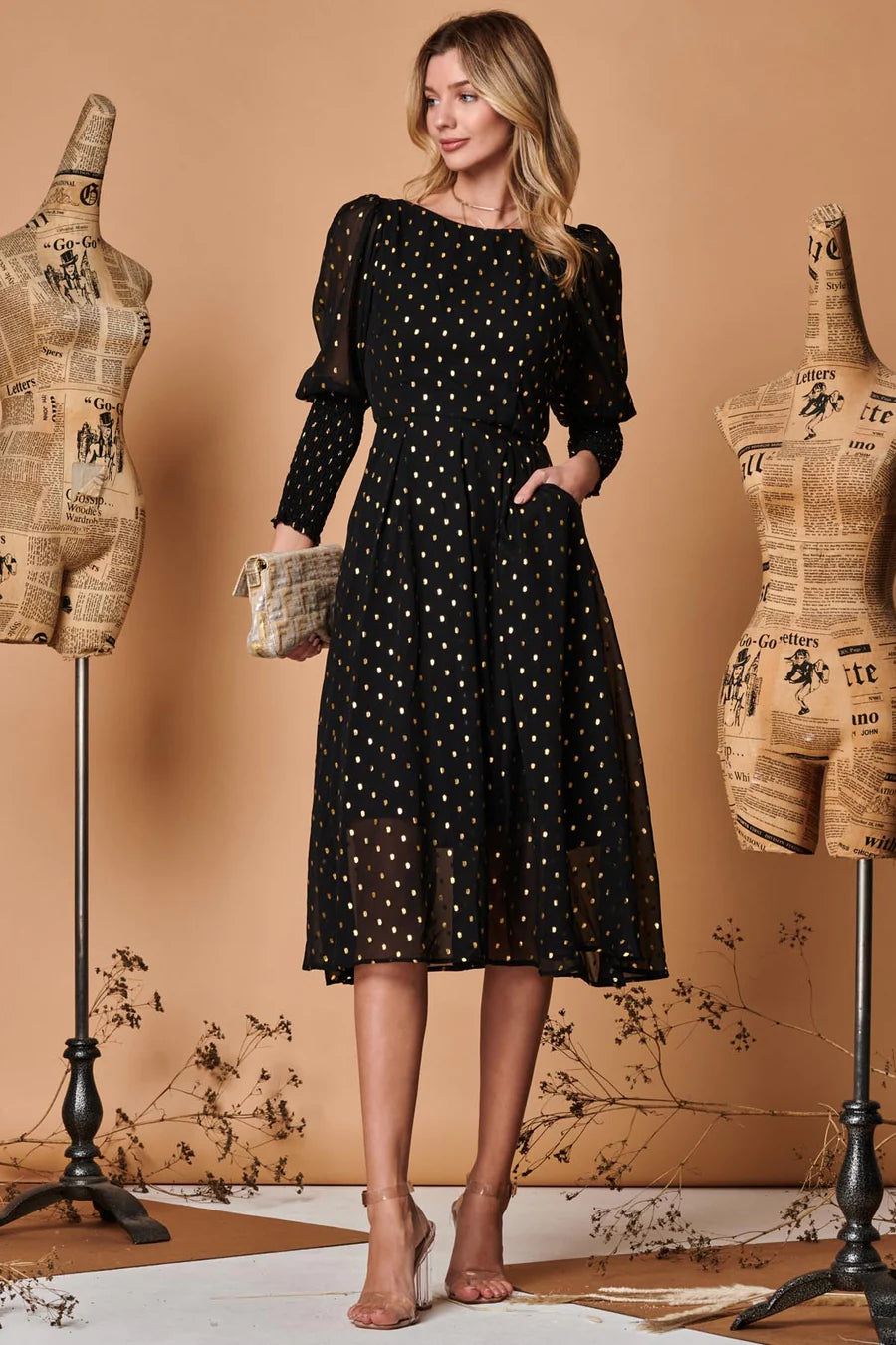 METALLIC CHIFFON PUFF SLEEVE MIDI DRESS (BLACK)