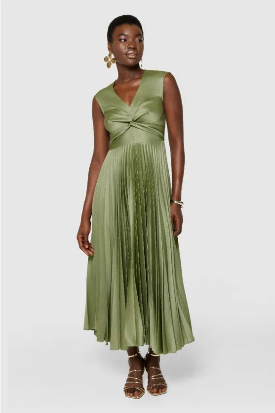 Leah Pleated Twist Dress (Olive)