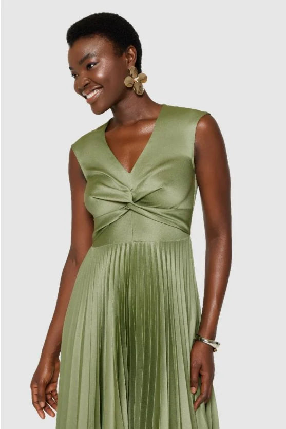 Leah Pleated Twist Dress (Olive)