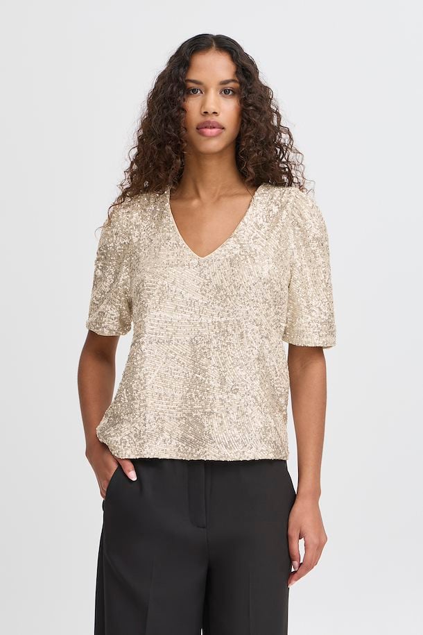 Faith Sequin V-Neck Top (Frosted Almond)