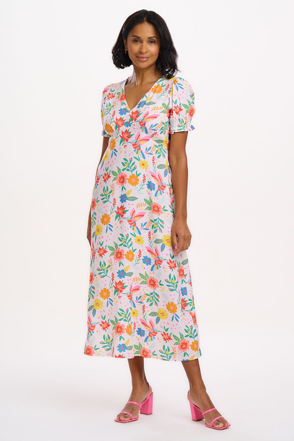 Mary Jane Midi Dress (Off White/Tropical Hummingbird)