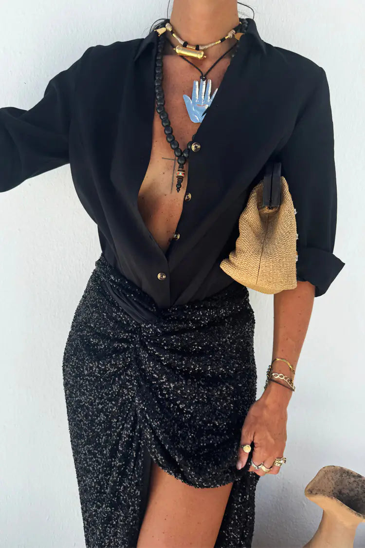 Sequin Maxi Wrap Jaspre Skirt (Black)