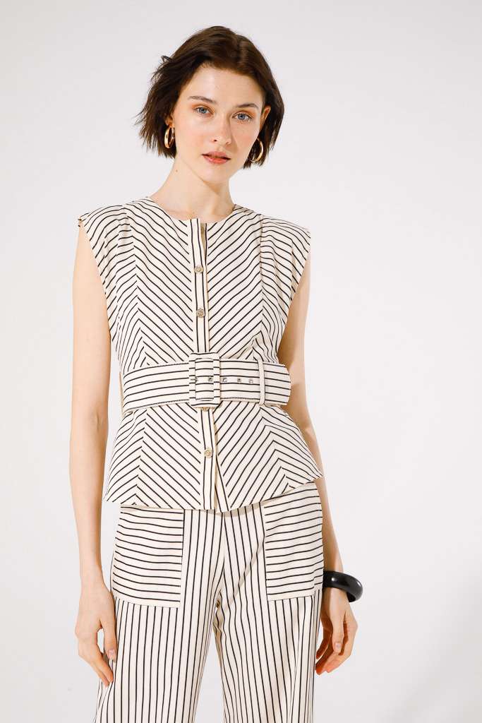 Jambo Belted Top (Beige/Black Stripe)